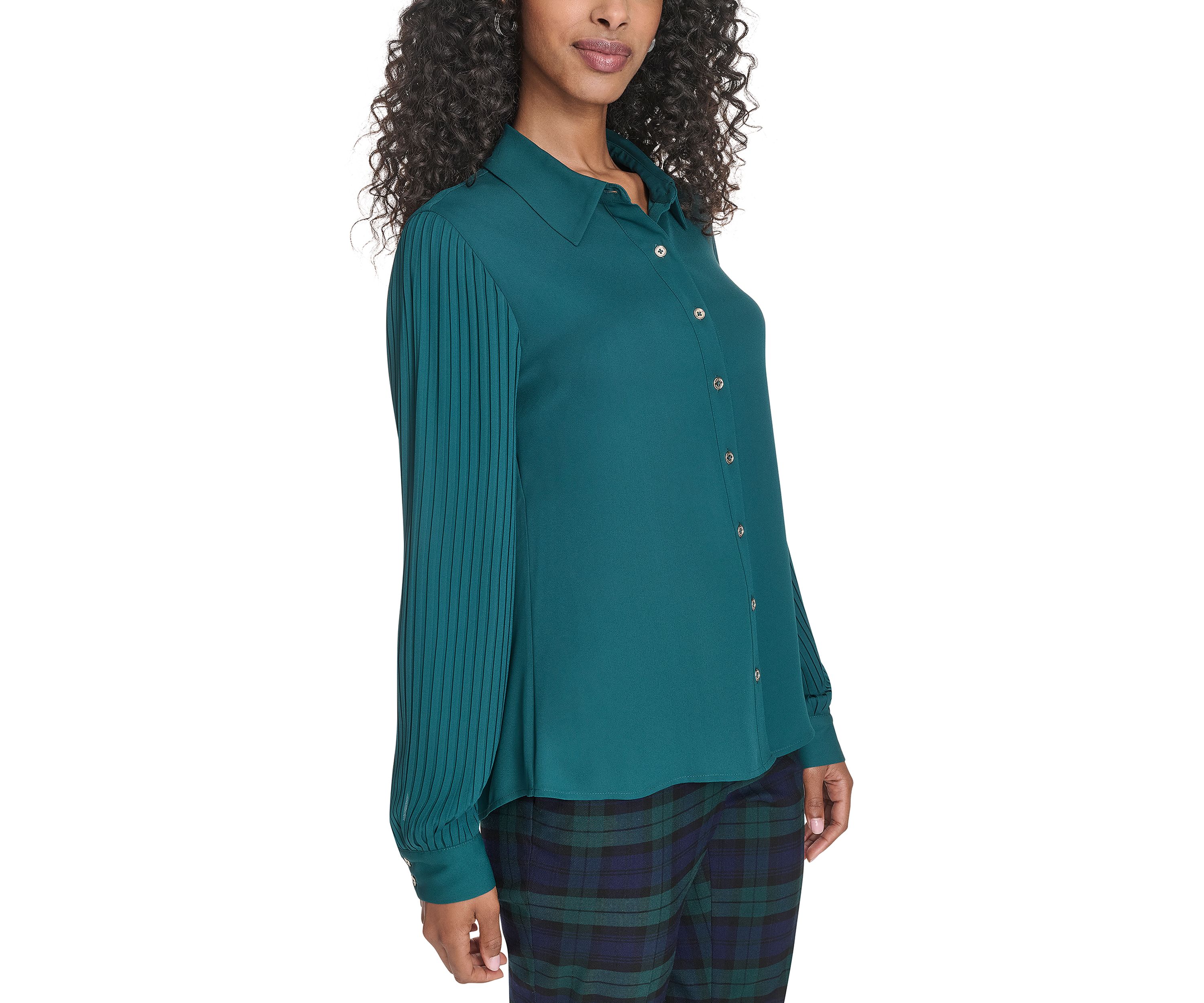 Womens Pleated Sleeve Button Front Blouse