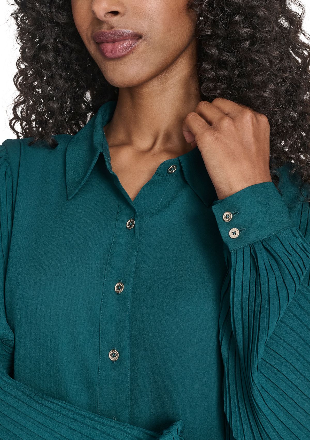 Womens Pleated Sleeve Button Front Blouse
