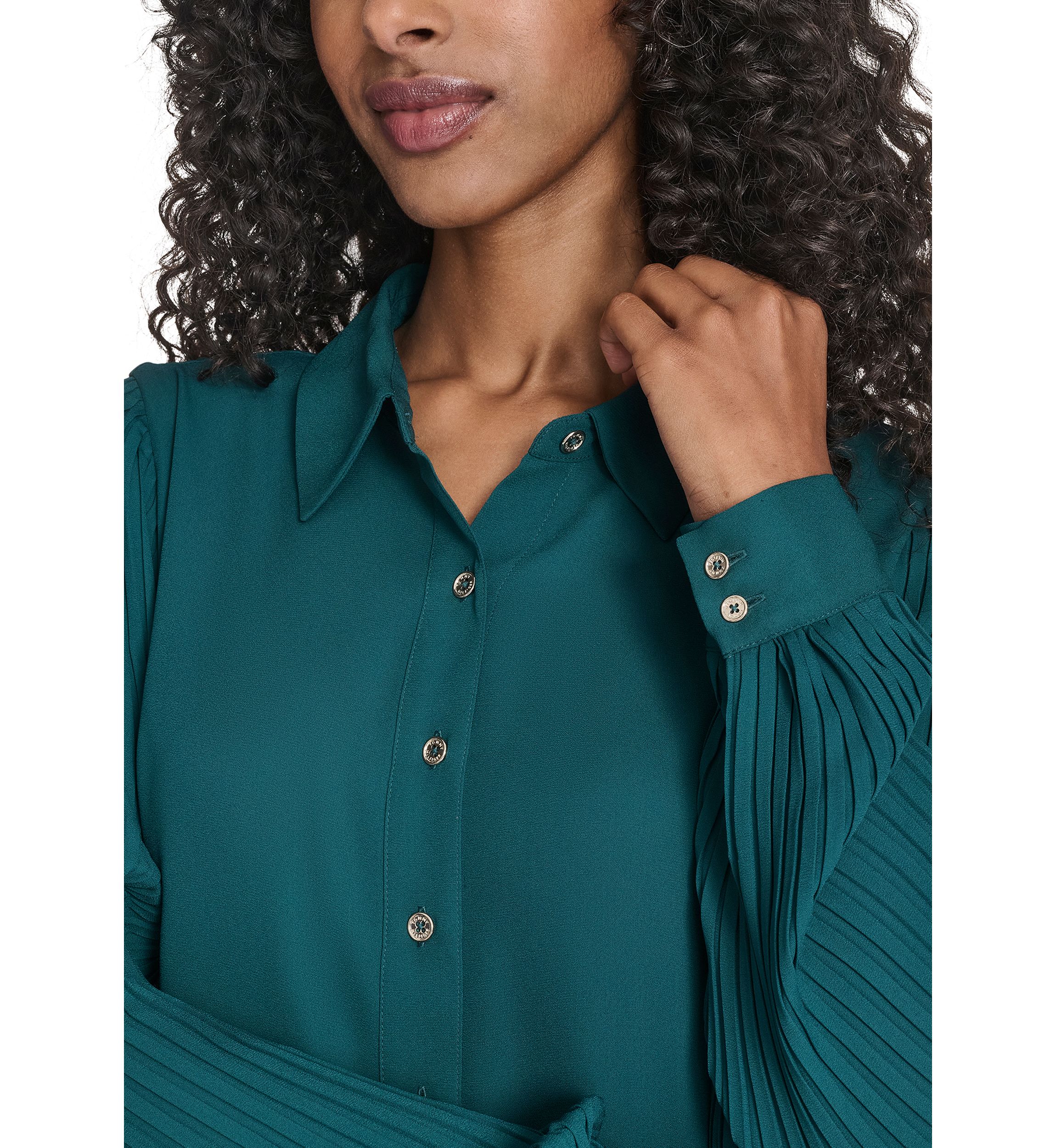 Womens Pleated Sleeve Button Front Blouse