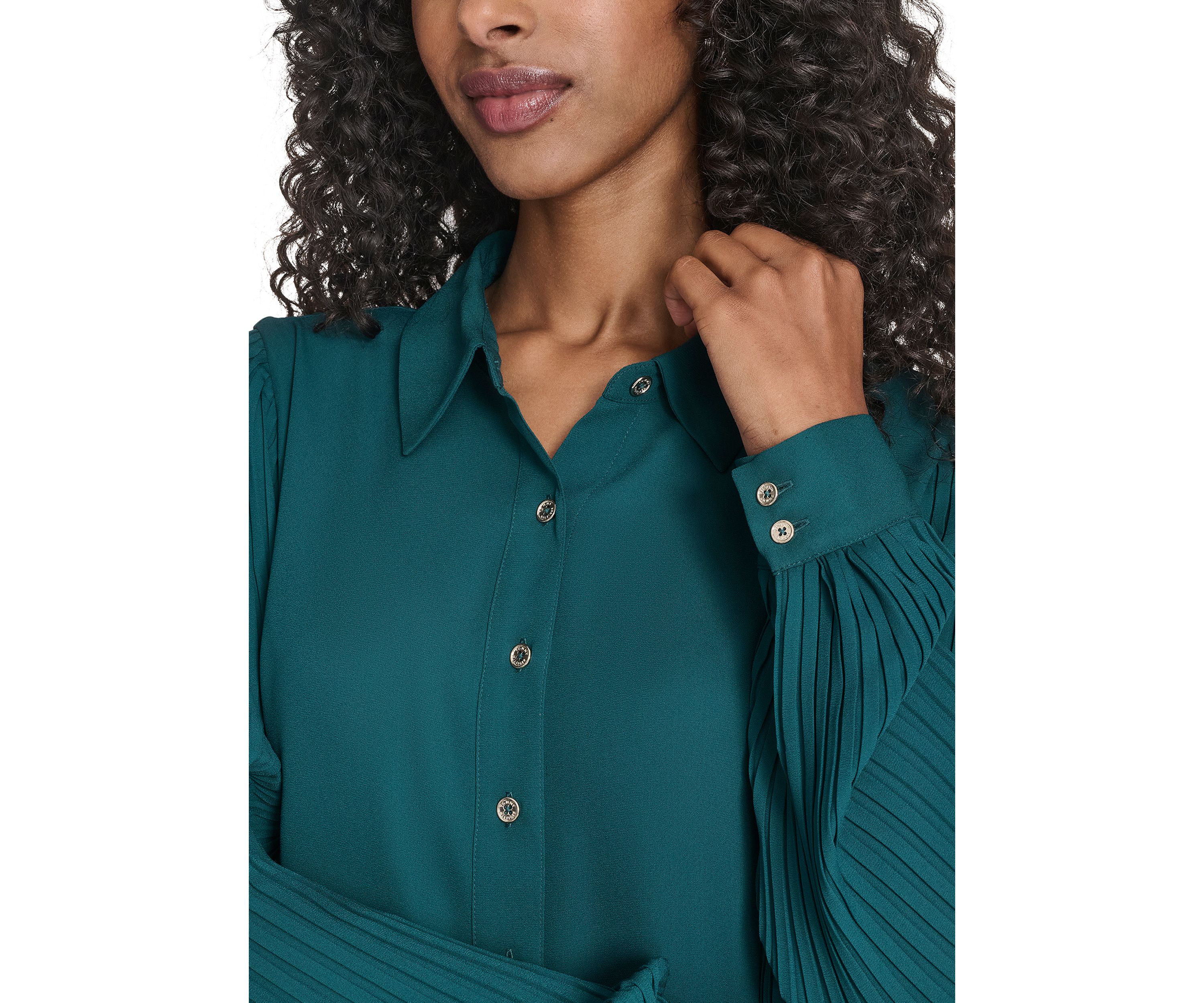 Womens Pleated Sleeve Button Front Blouse