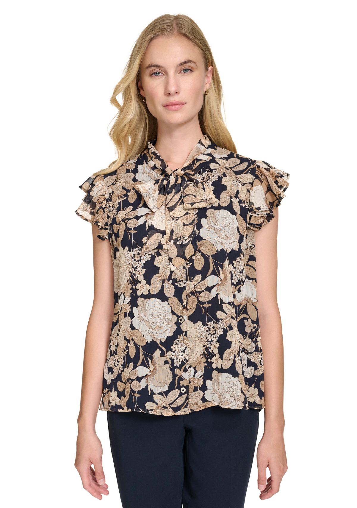 Womens Garden Floral Bow Blouse