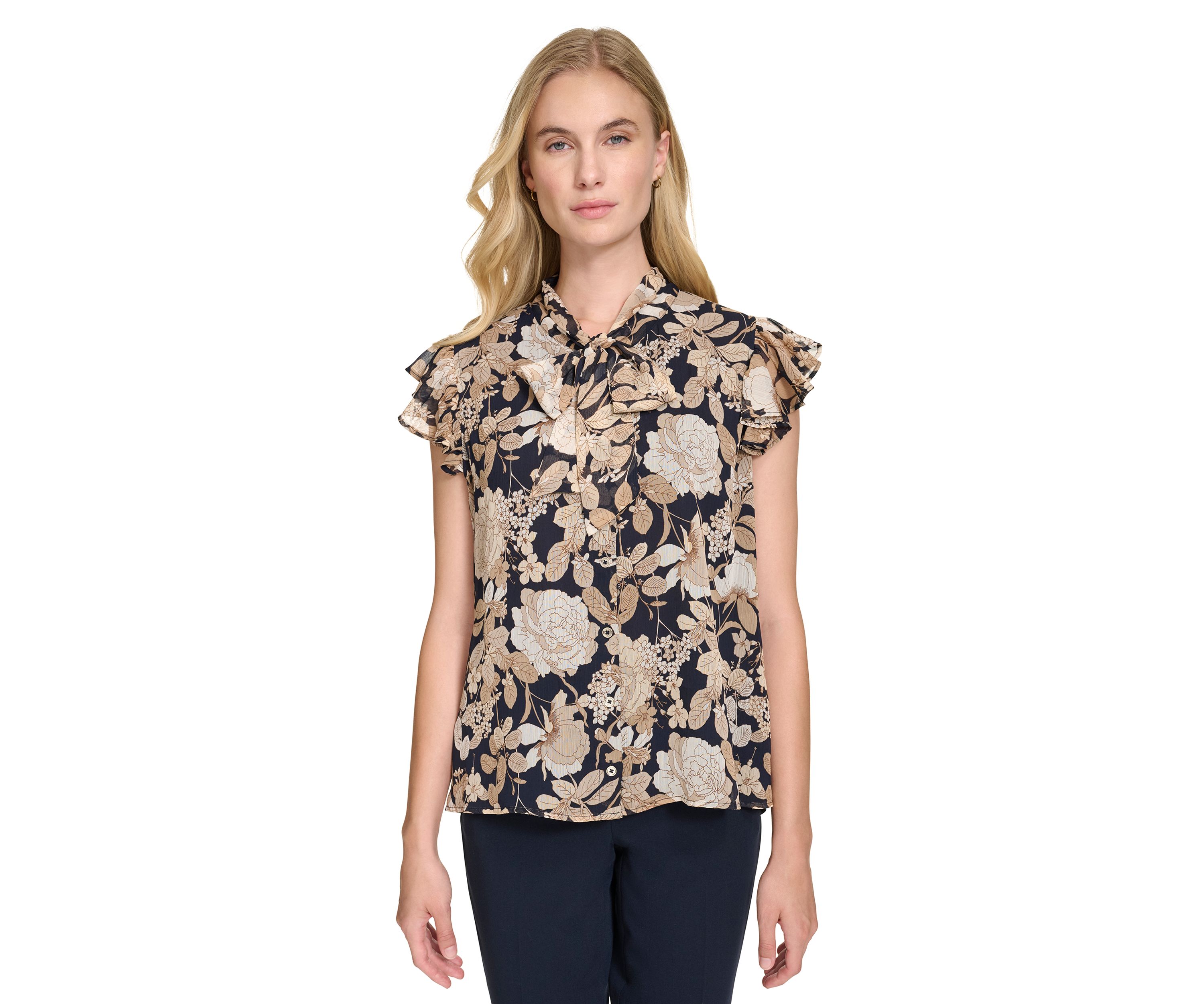 Womens Garden Floral Bow Blouse