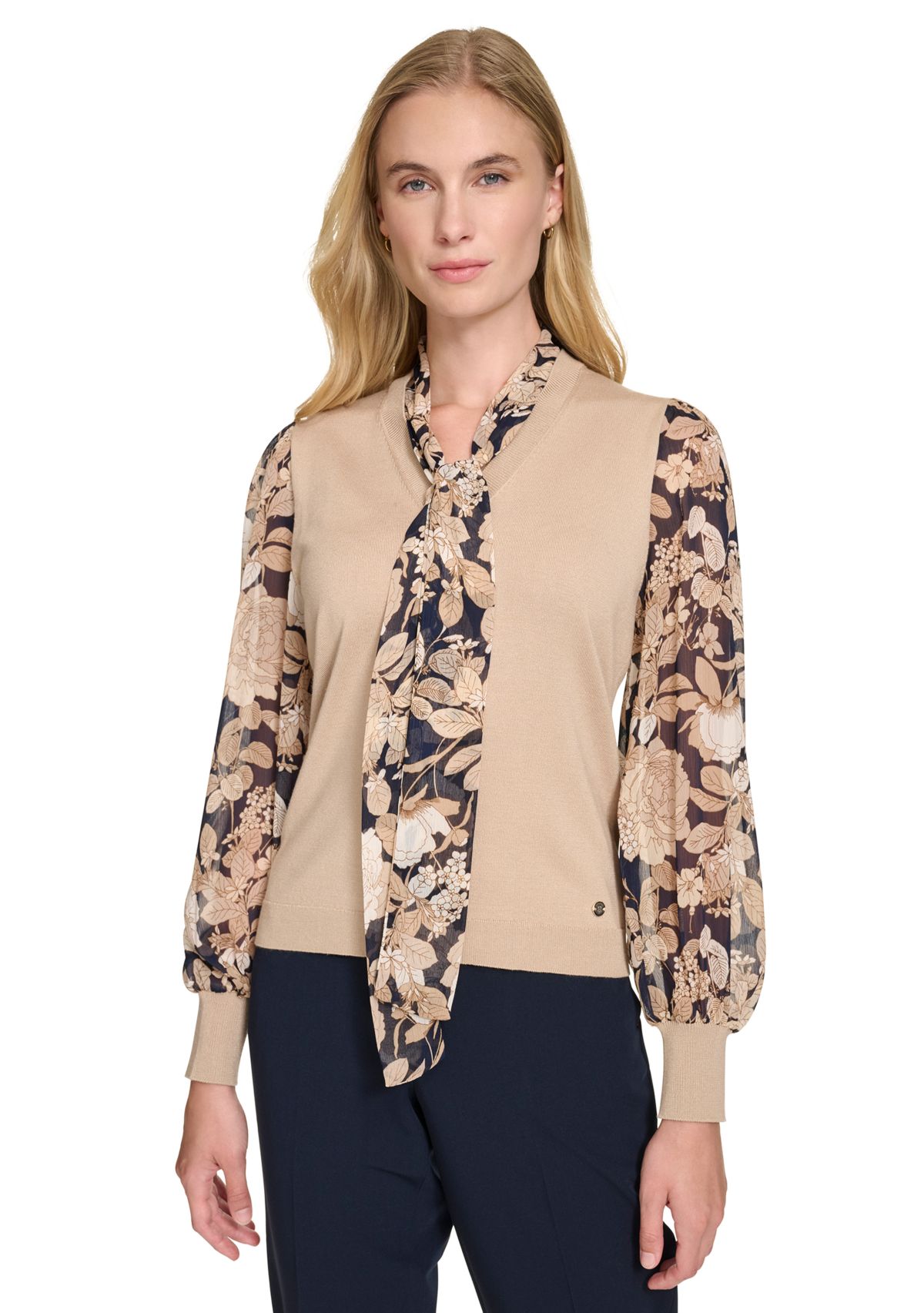 Womens Garden Floral Mixed Media Tie Sweater