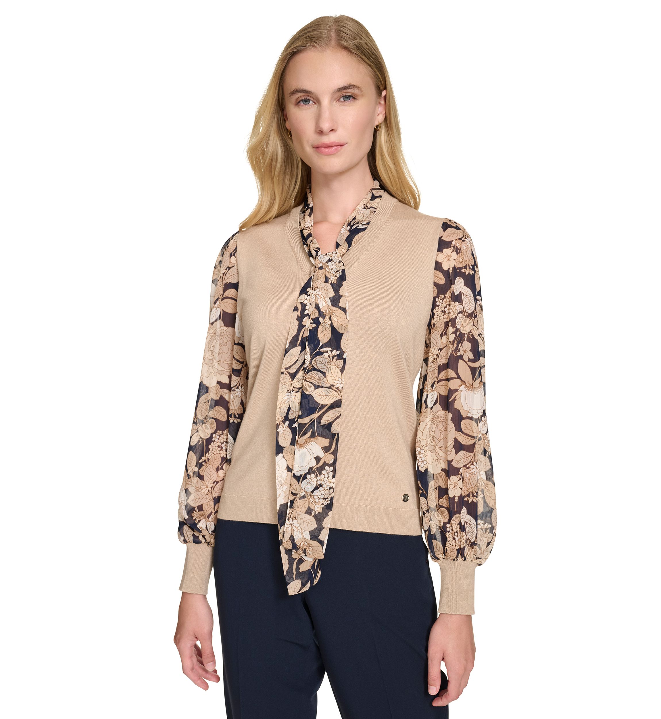 Womens Garden Floral Mixed Media Tie Sweater
