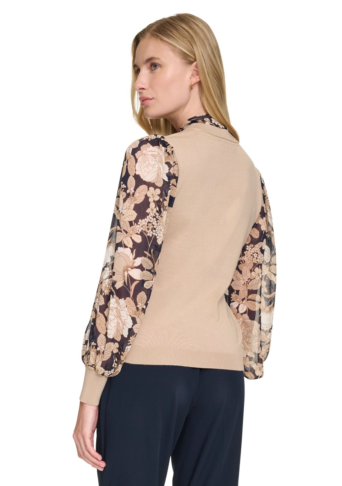 Womens Garden Floral Mixed Media Tie Sweater