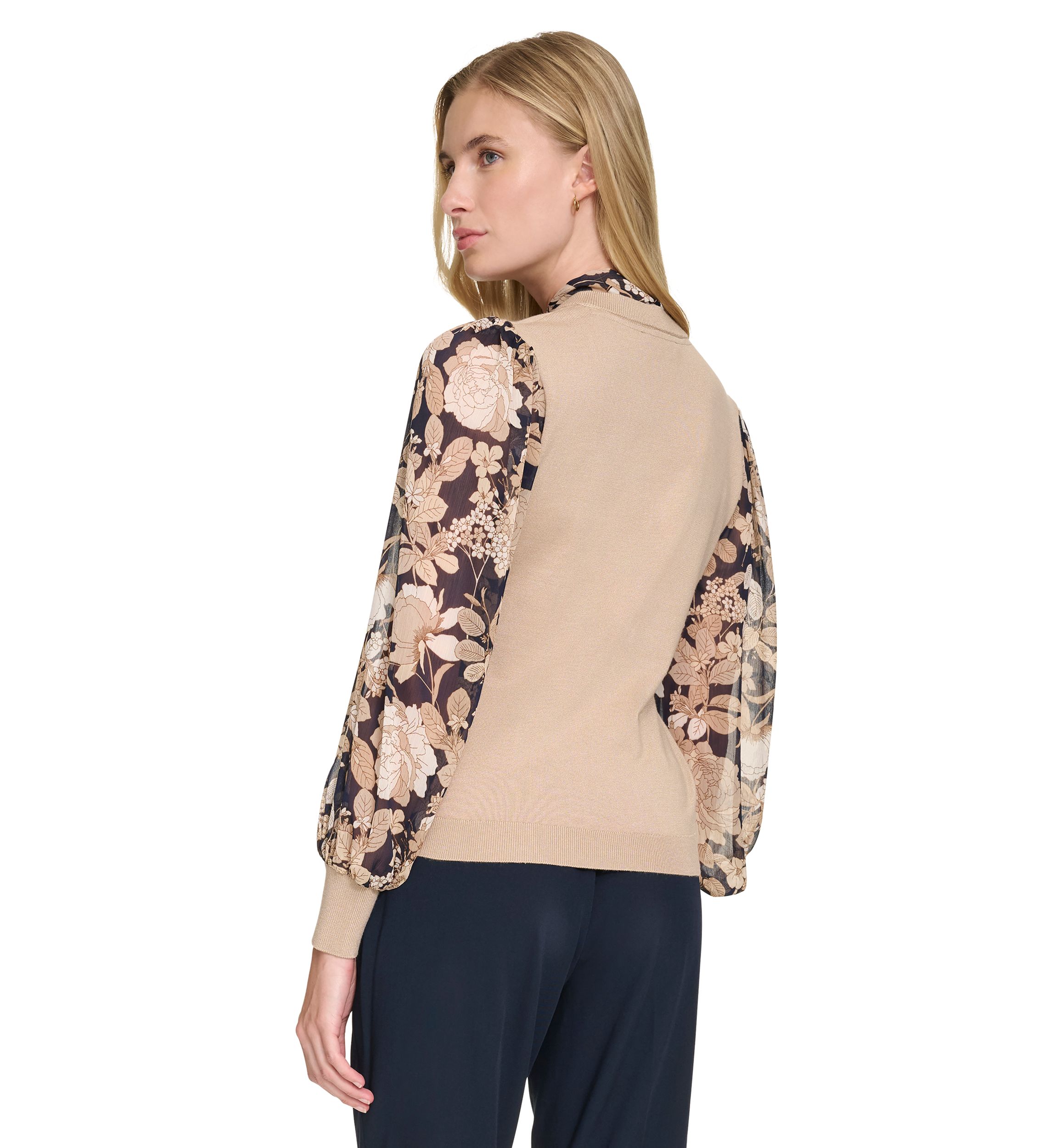 Womens Garden Floral Mixed Media Tie Sweater