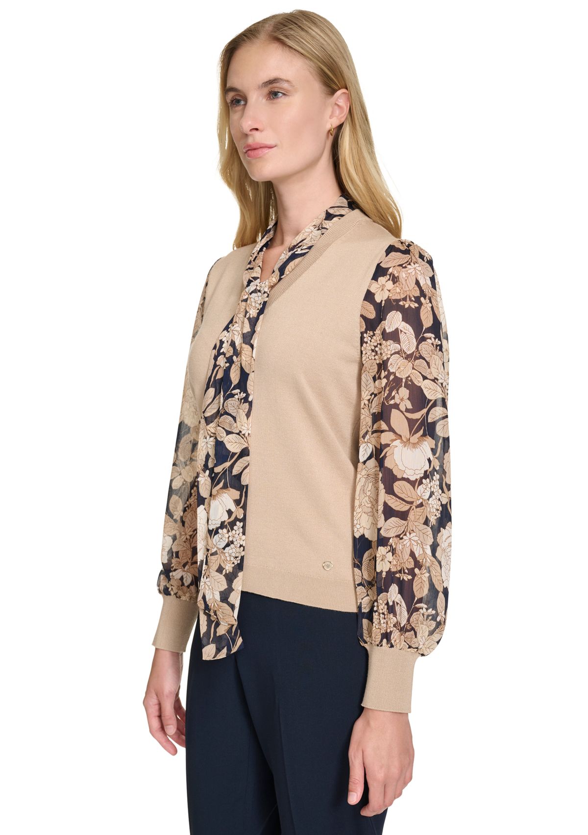 Womens Garden Floral Mixed Media Tie Sweater