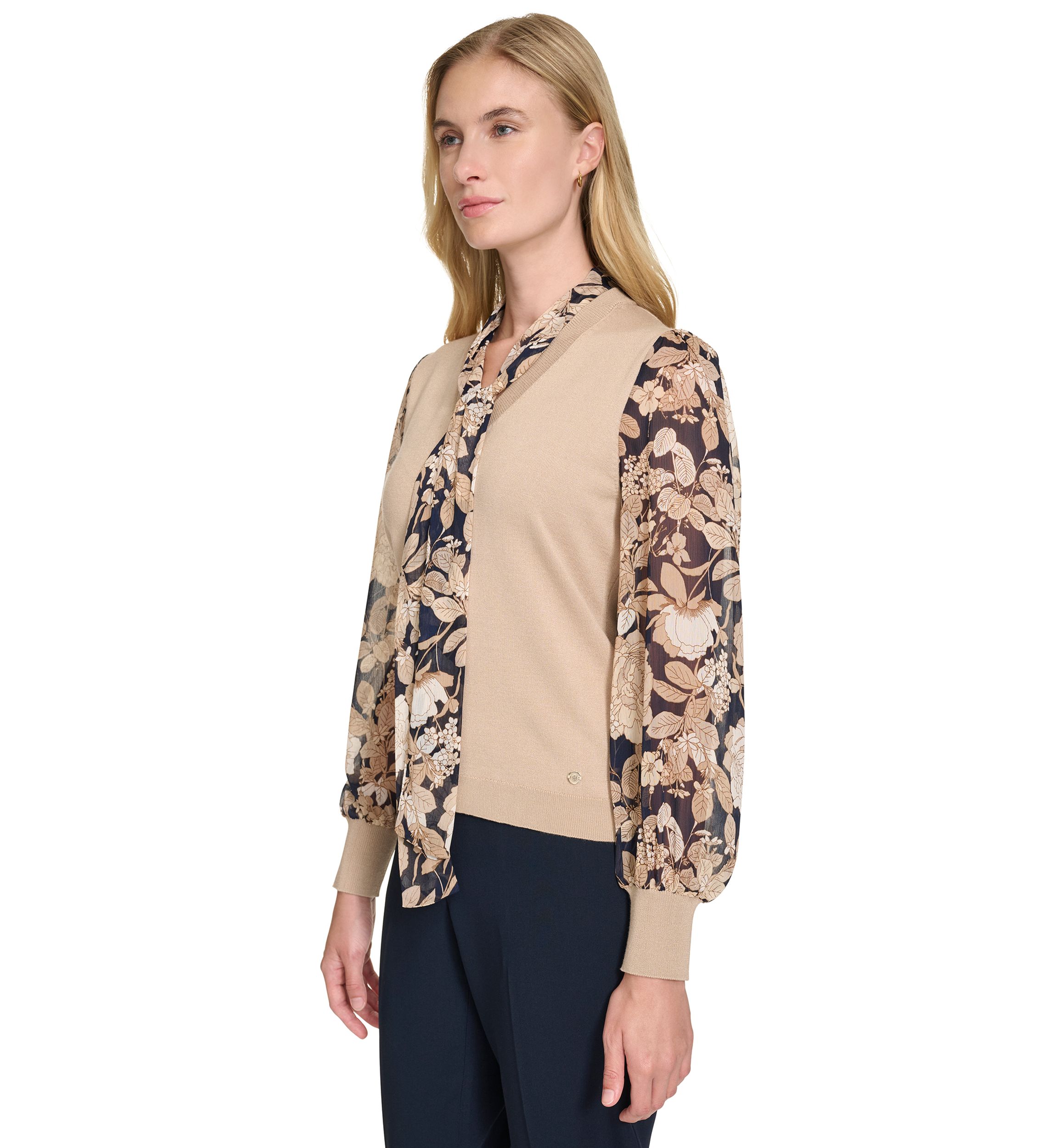 Womens Garden Floral Mixed Media Tie Sweater
