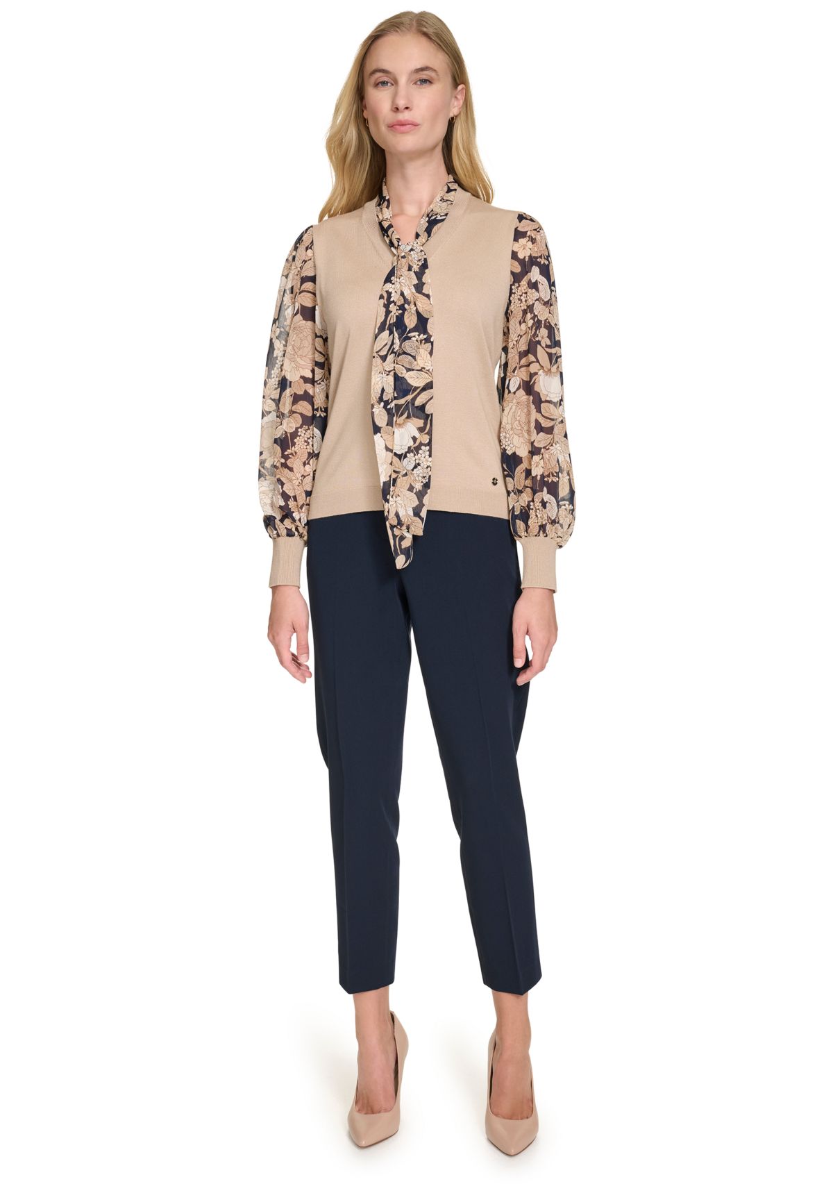 Womens Garden Floral Mixed Media Tie Sweater