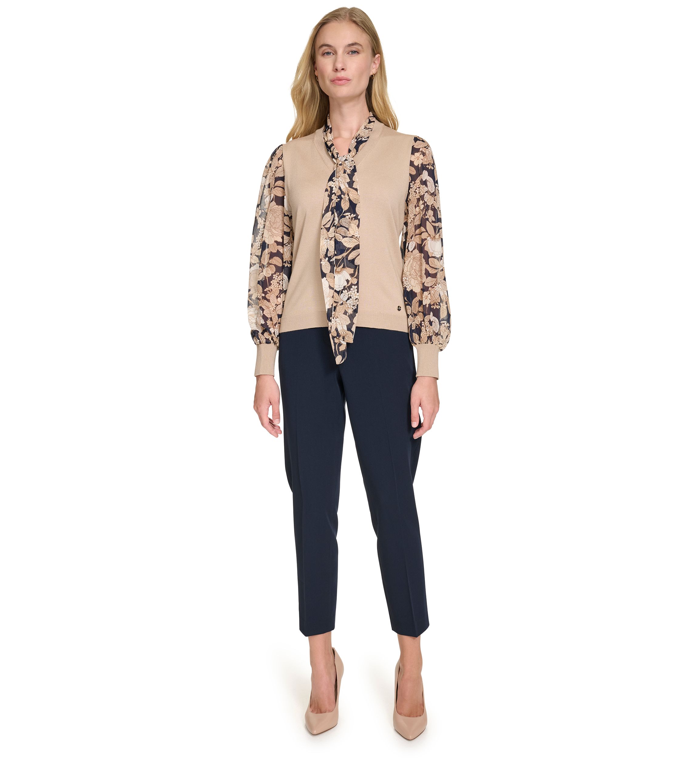 Womens Garden Floral Mixed Media Tie Sweater