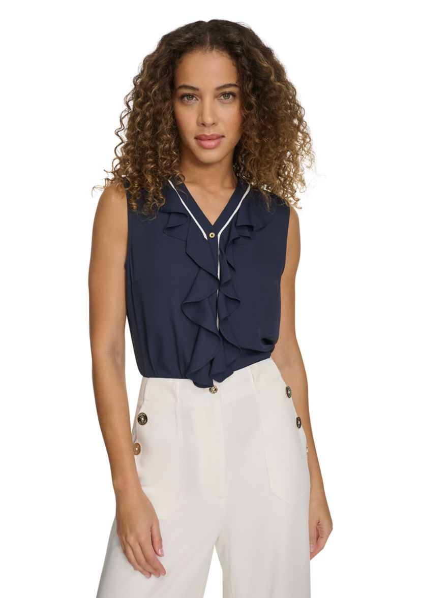 Womens Sleeveless Button Front Ruffle Blouse