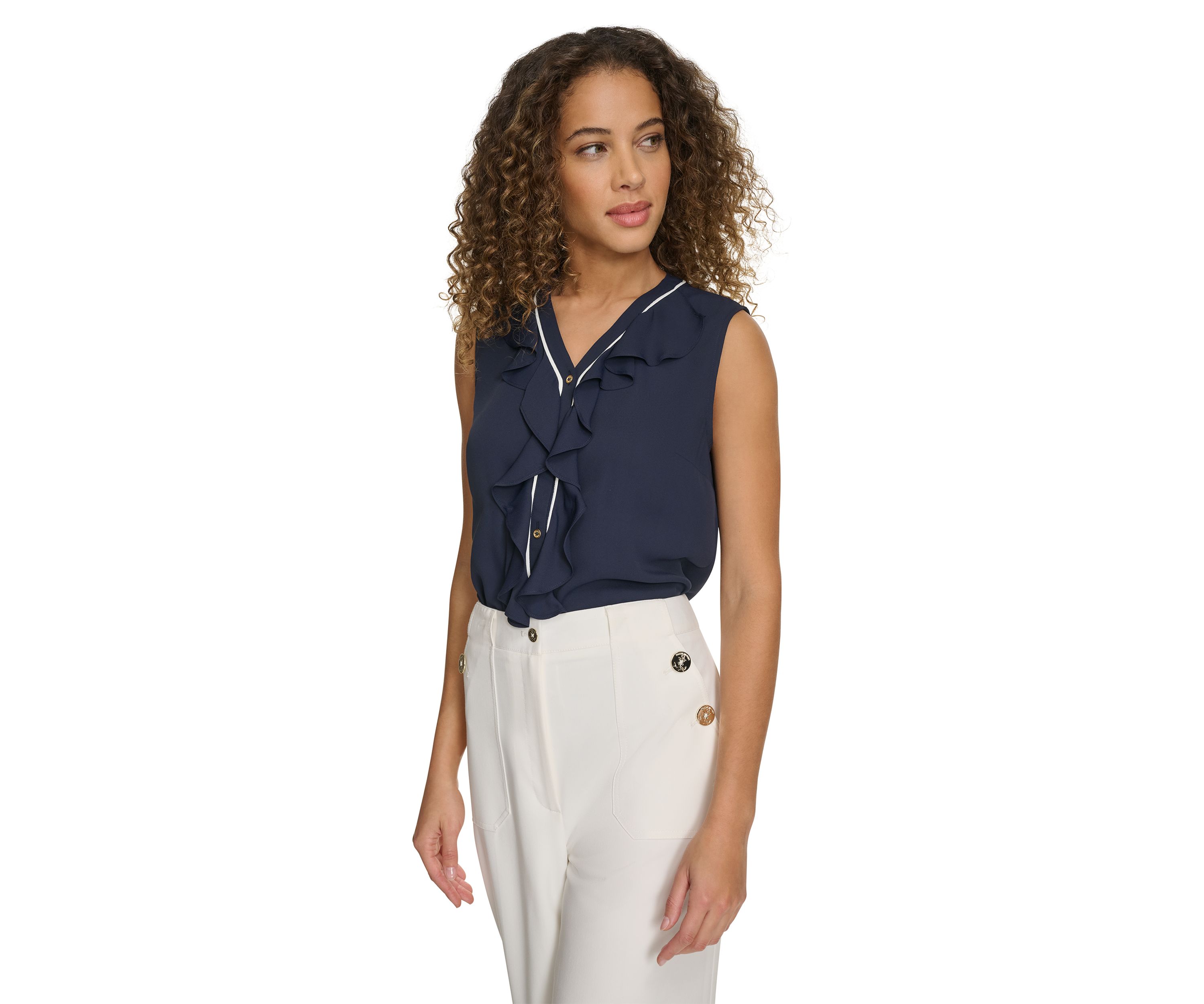 Womens Sleeveless Button Front Ruffle Blouse