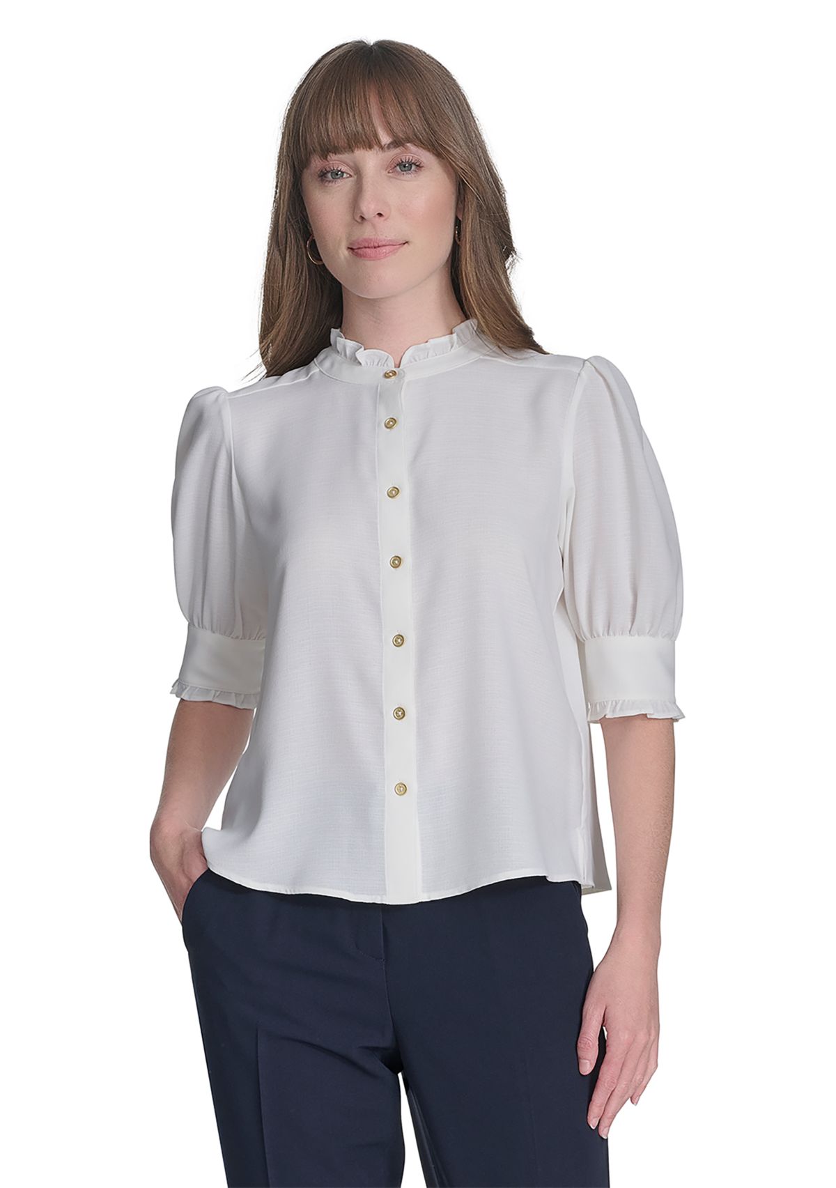 Womens Solid Button Front Puff Sleeve Blouse