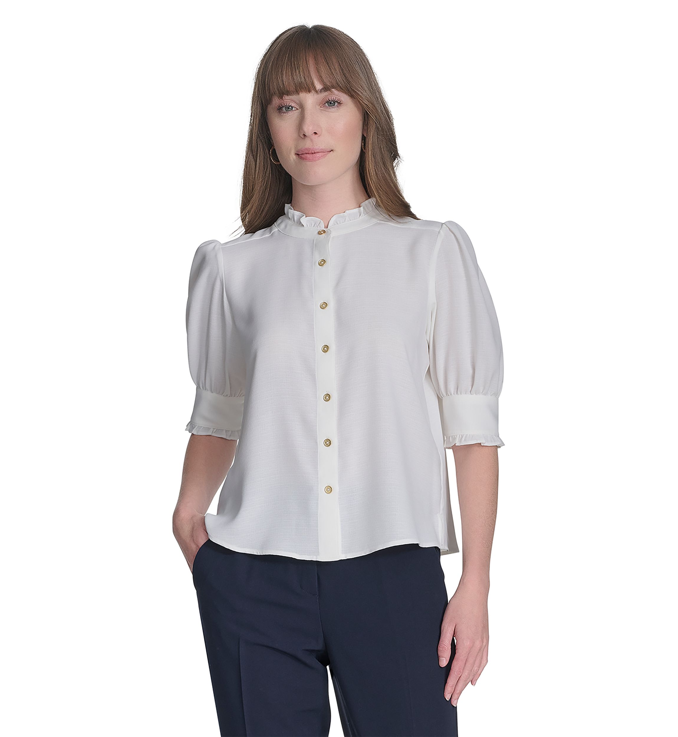 Womens Solid Button Front Puff Sleeve Blouse