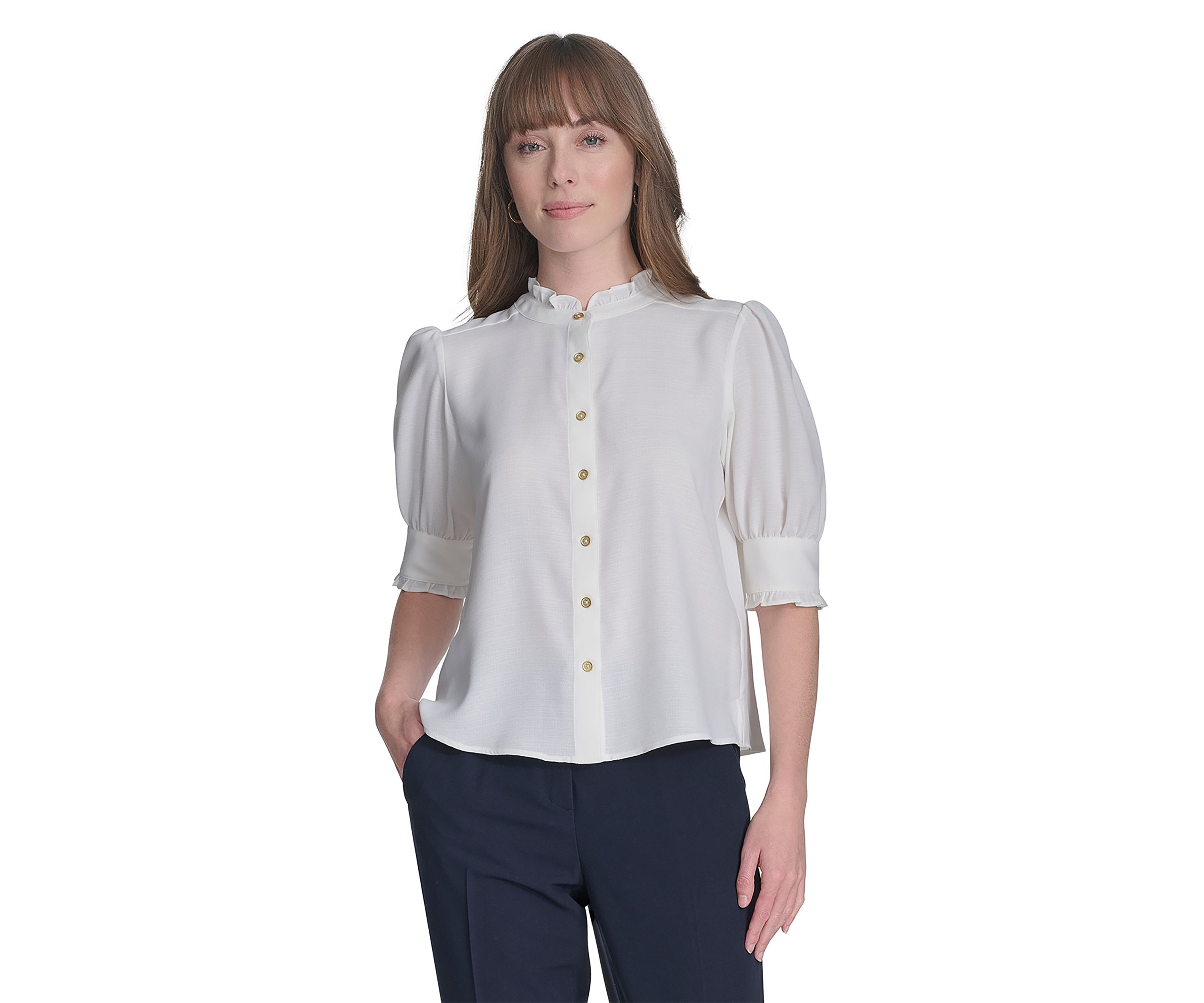 Womens Solid Button Front Puff Sleeve Blouse