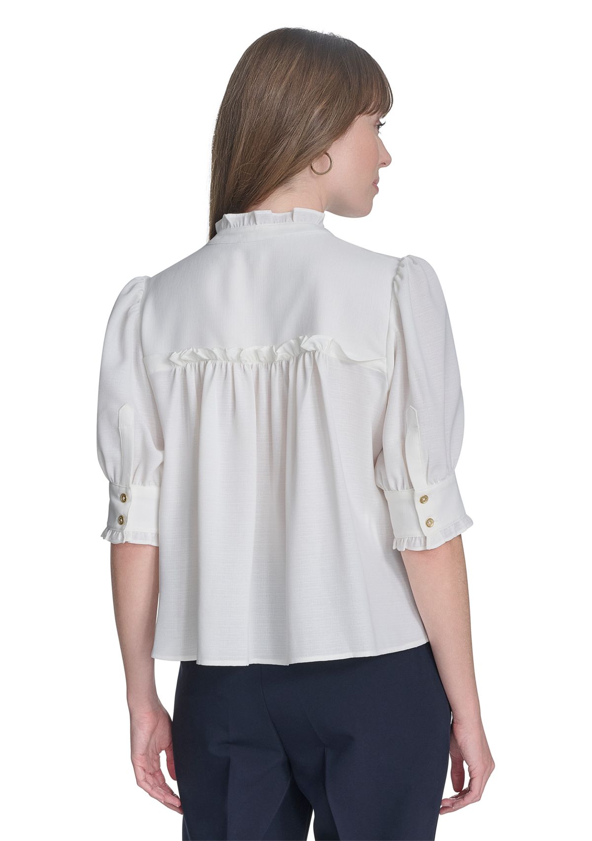 Womens Solid Button Front Puff Sleeve Blouse