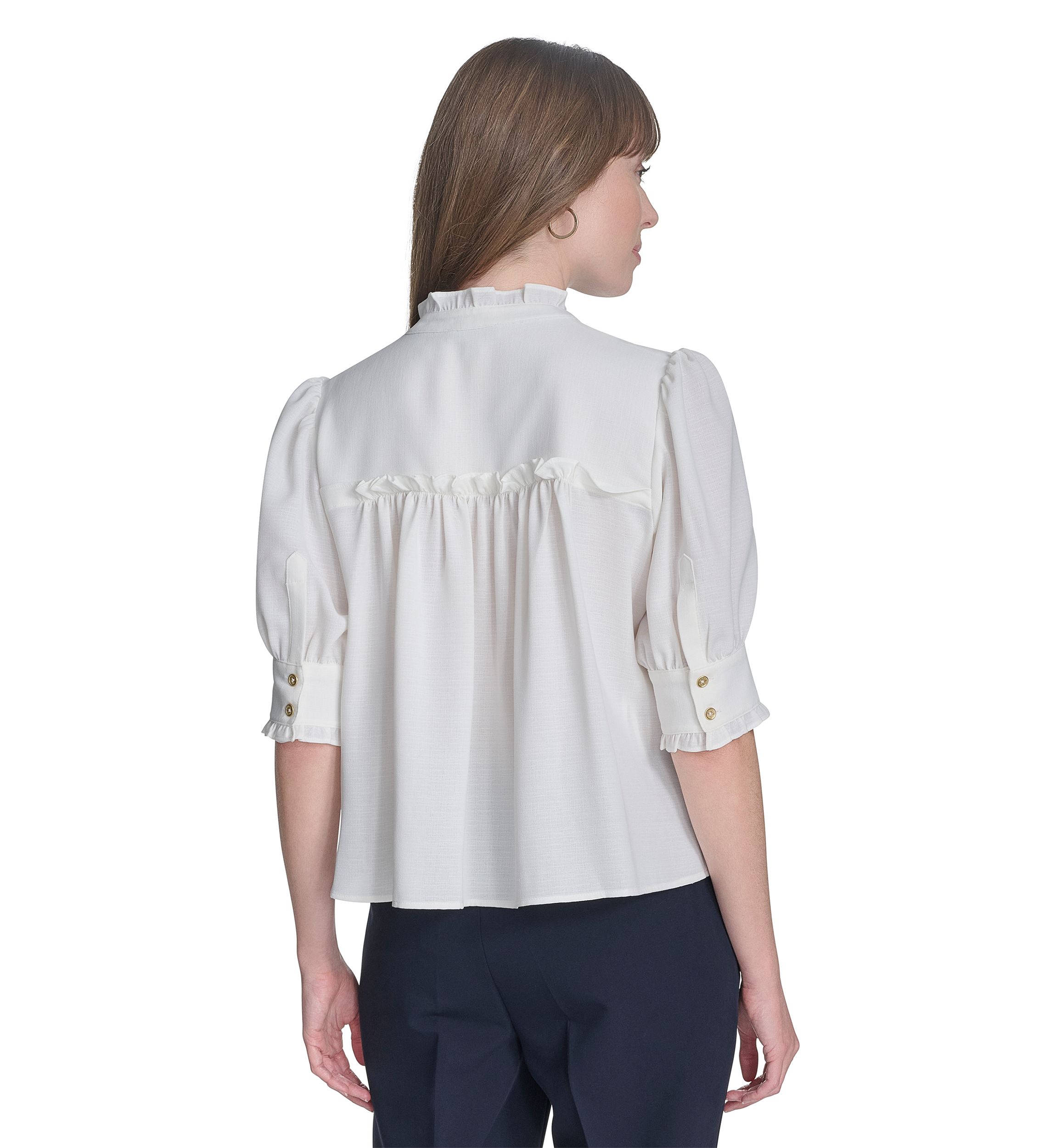 Womens Solid Button Front Puff Sleeve Blouse