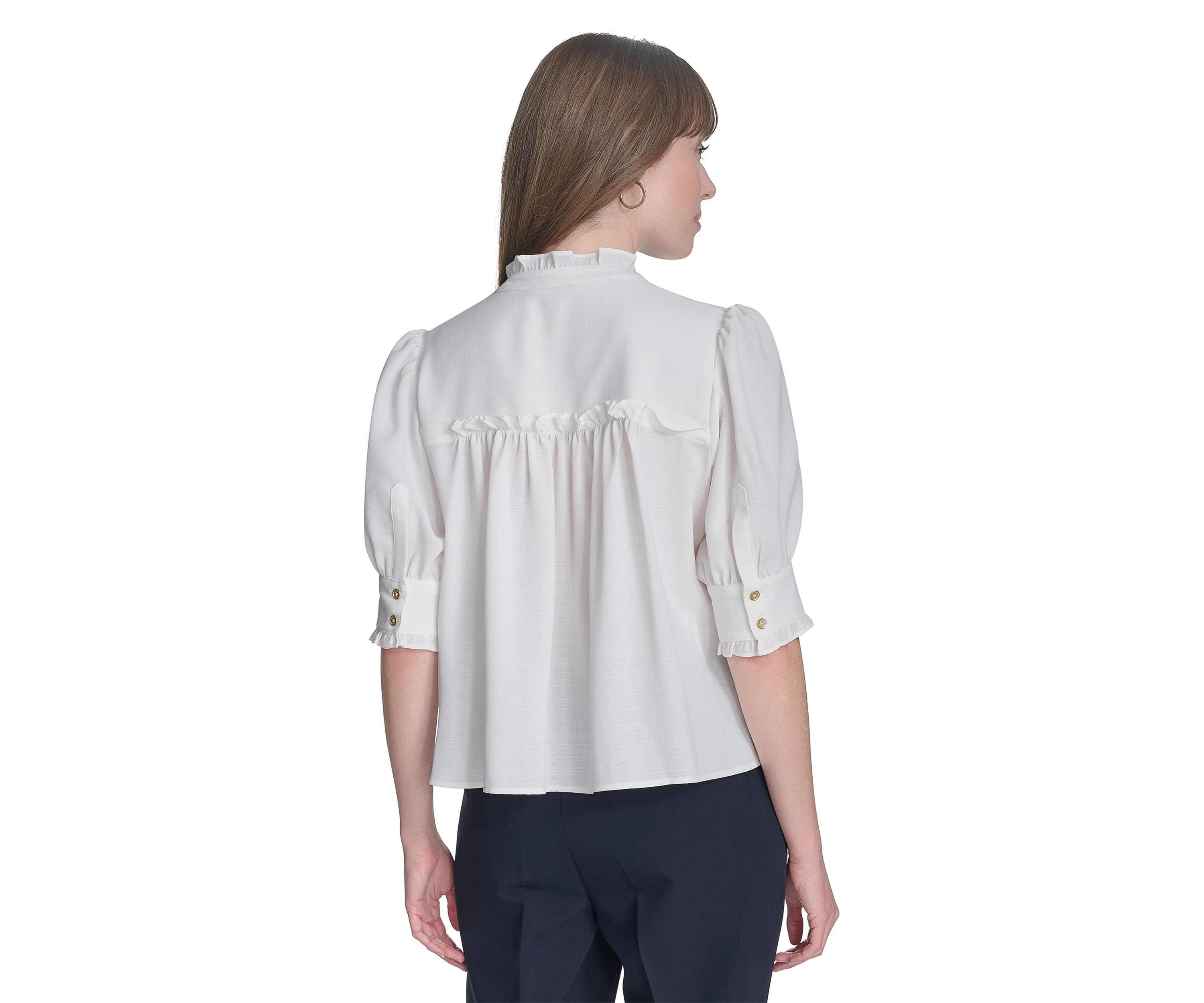 Womens Solid Button Front Puff Sleeve Blouse