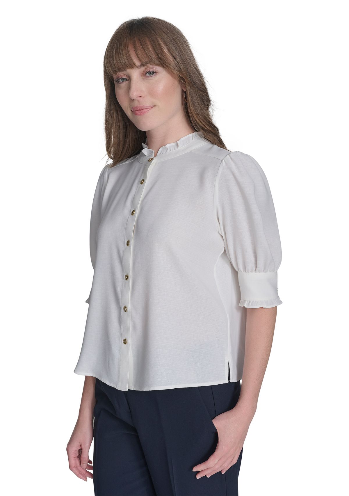 Womens Solid Button Front Puff Sleeve Blouse