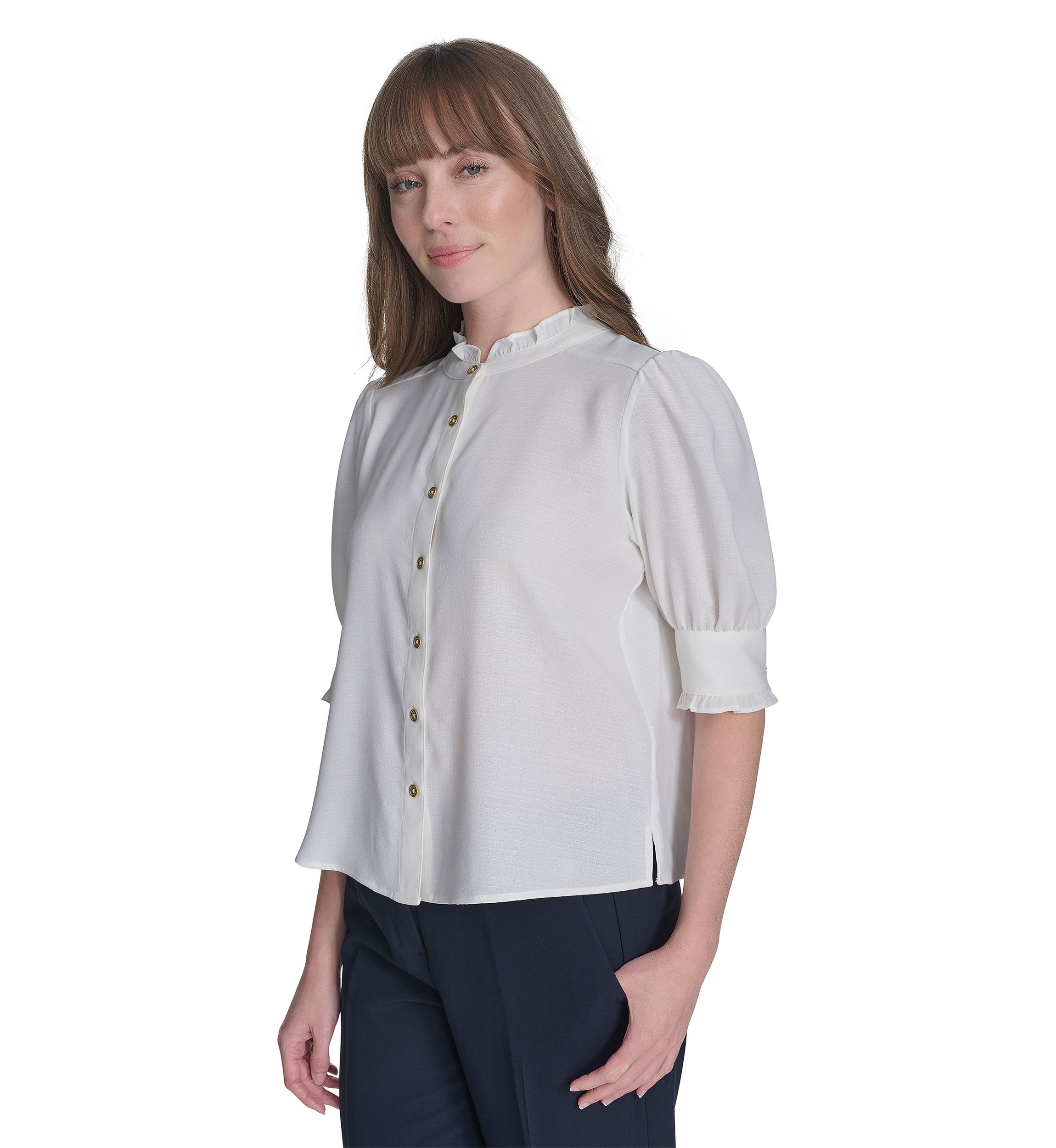 Womens Solid Button Front Puff Sleeve Blouse