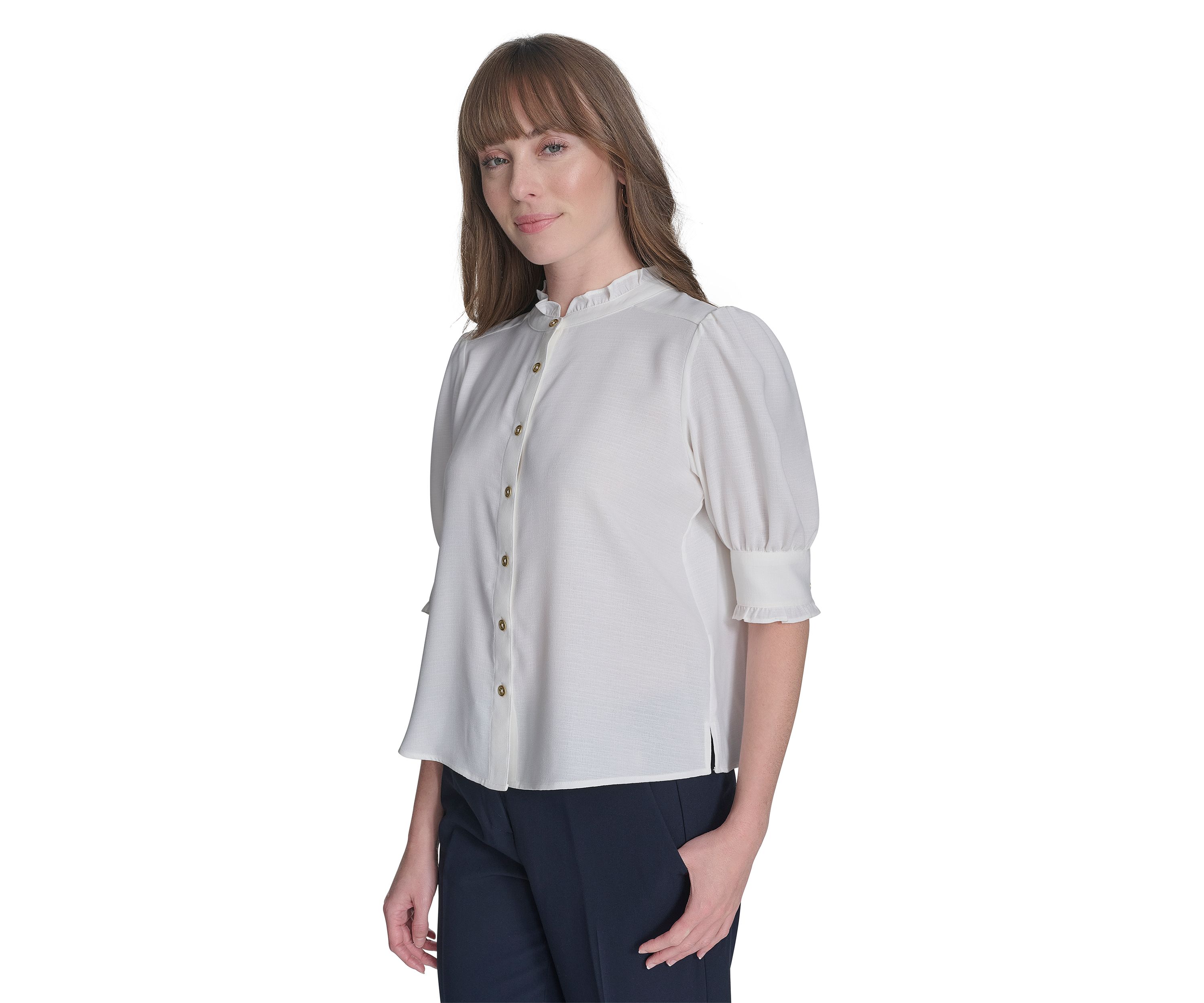 Womens Solid Button Front Puff Sleeve Blouse