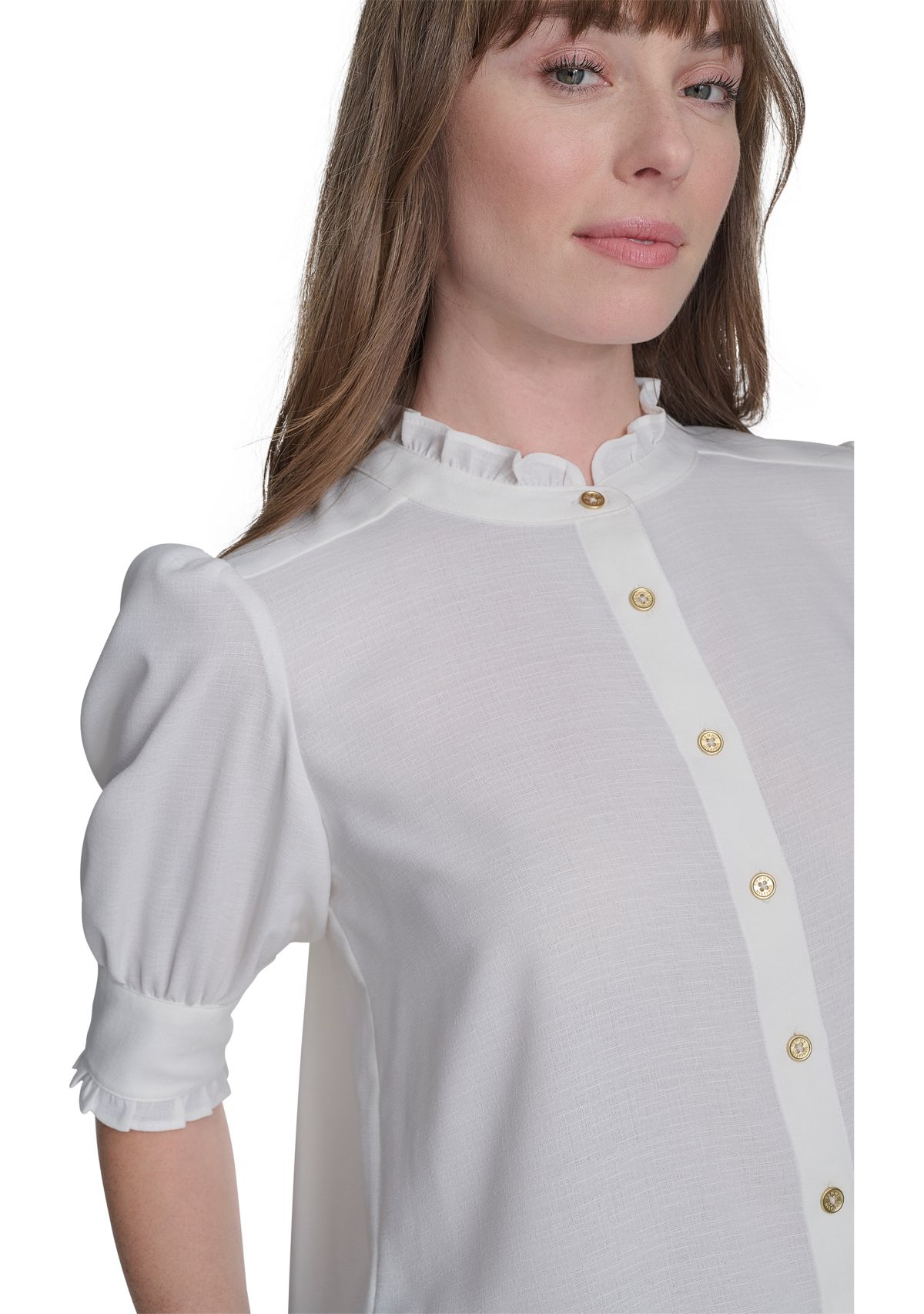 Womens Solid Button Front Puff Sleeve Blouse