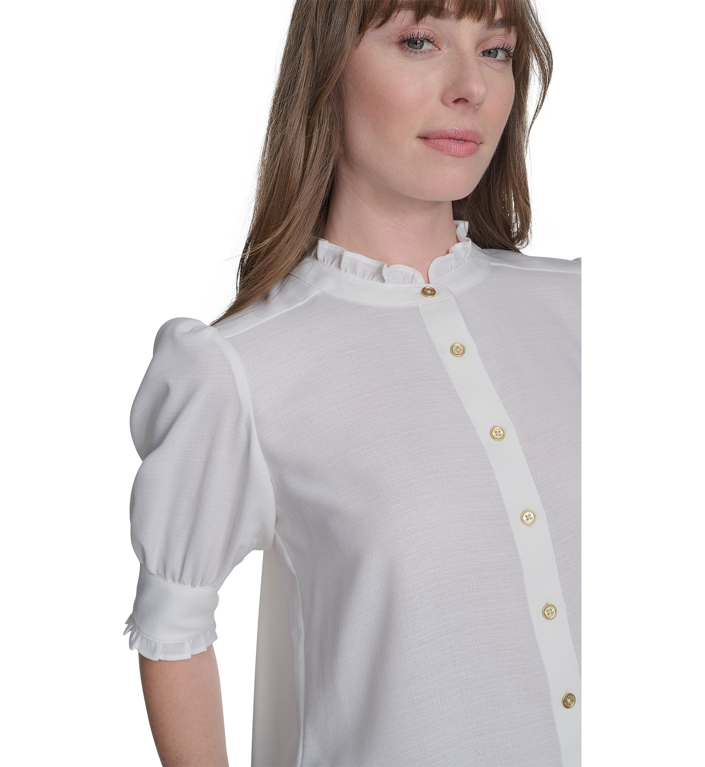 Womens Solid Button Front Puff Sleeve Blouse