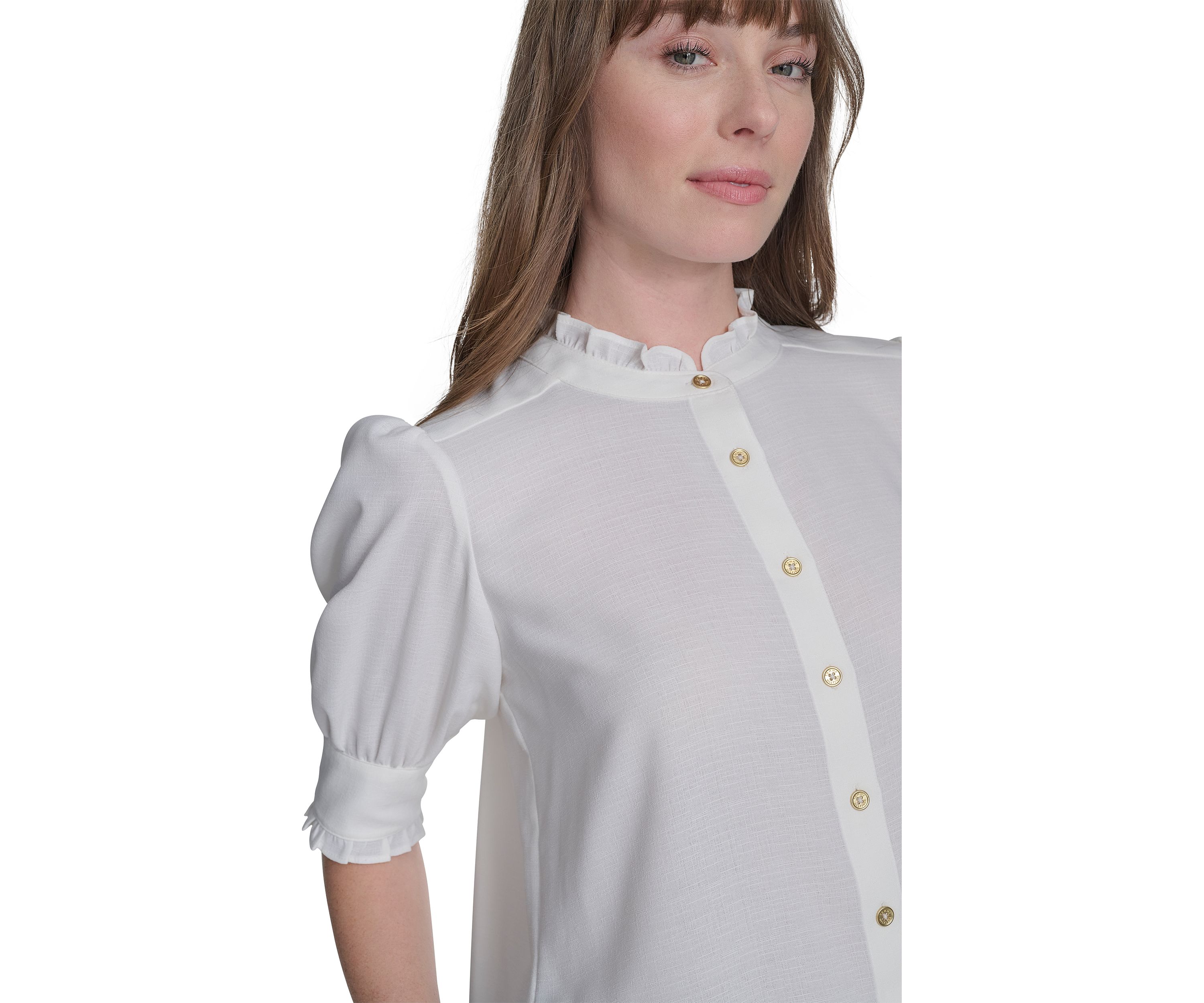 Womens Solid Button Front Puff Sleeve Blouse