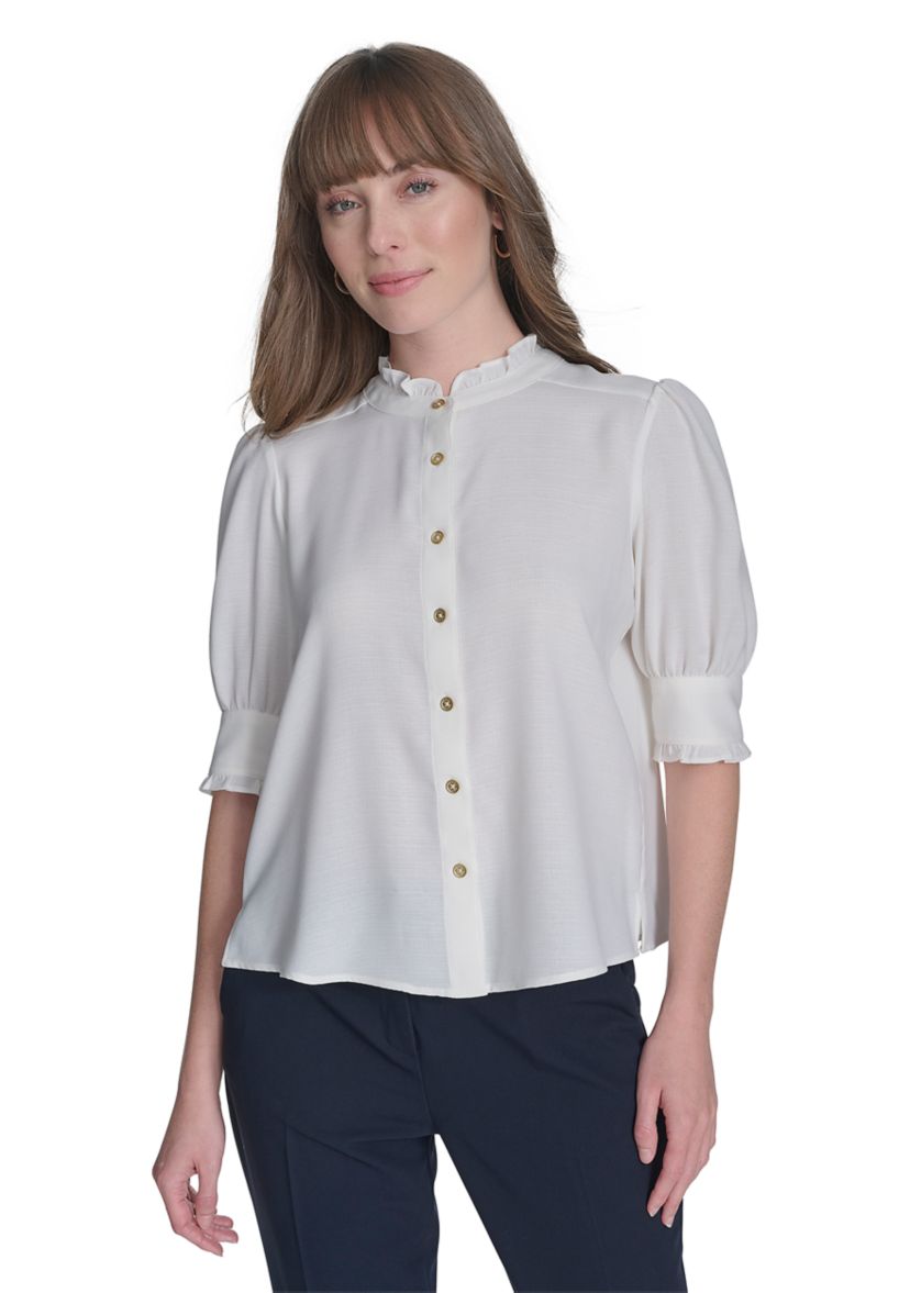 Womens Solid Button Front Puff Sleeve Blouse