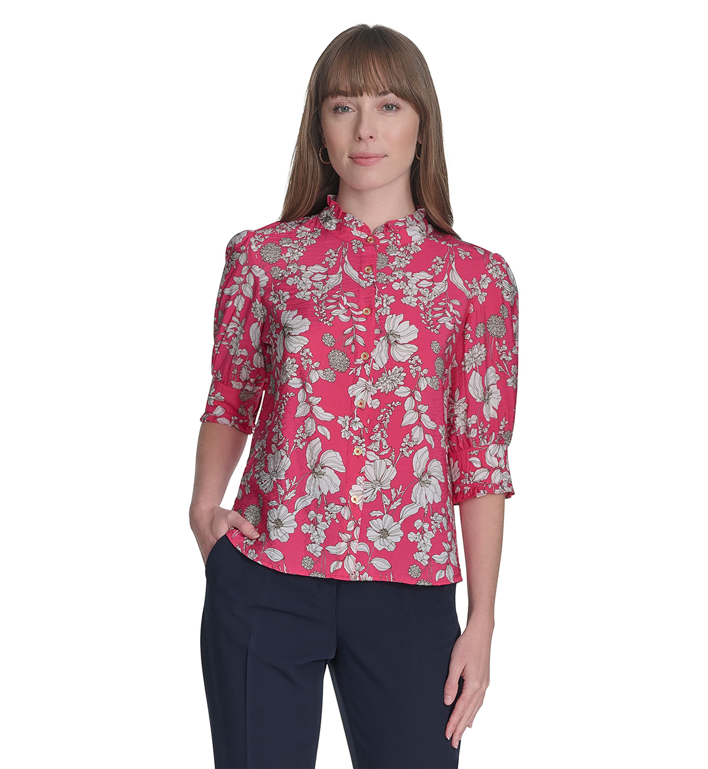 Womens Floral Button Front Puff Sleeve Blouse
