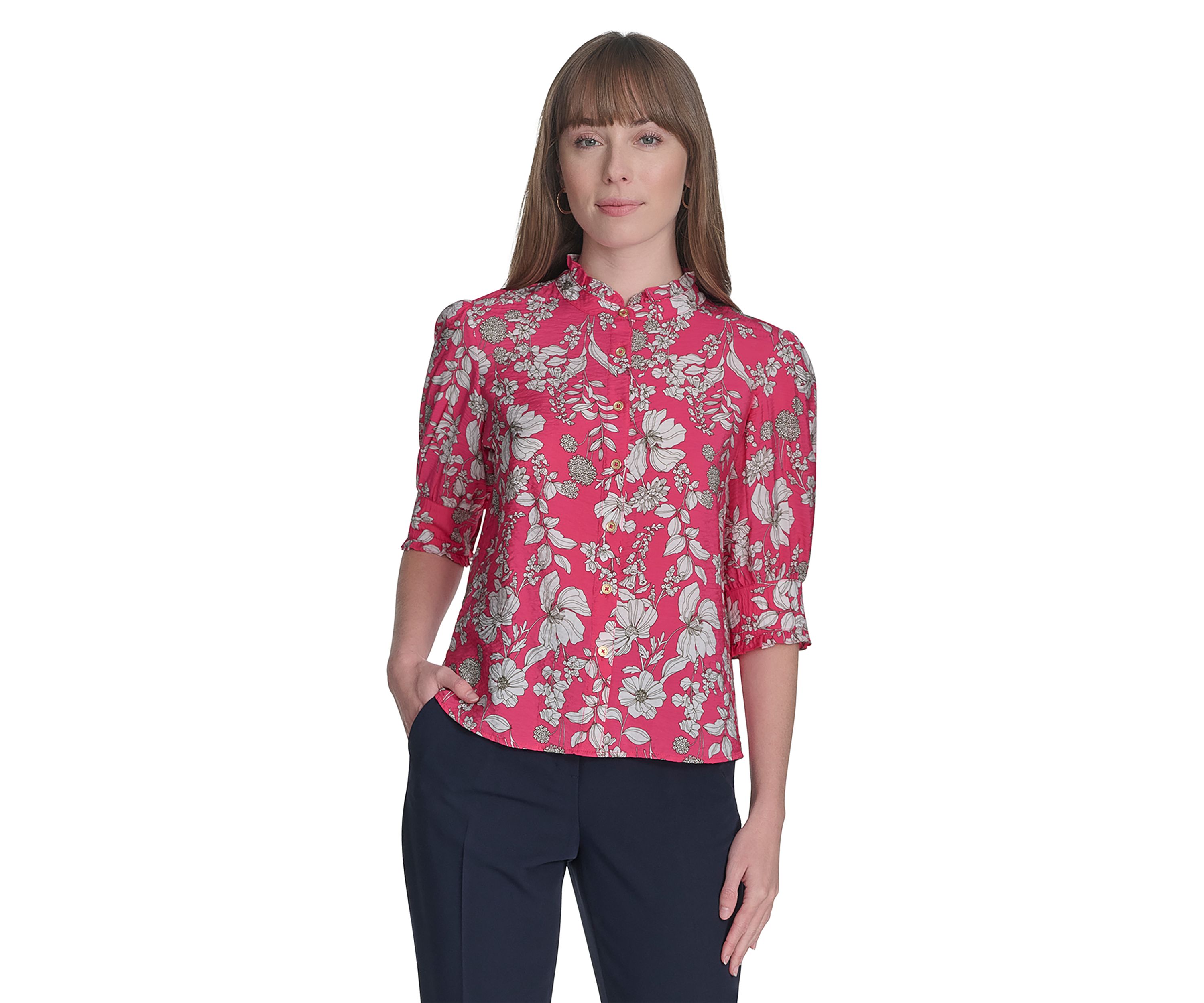 Womens Floral Button Front Puff Sleeve Blouse