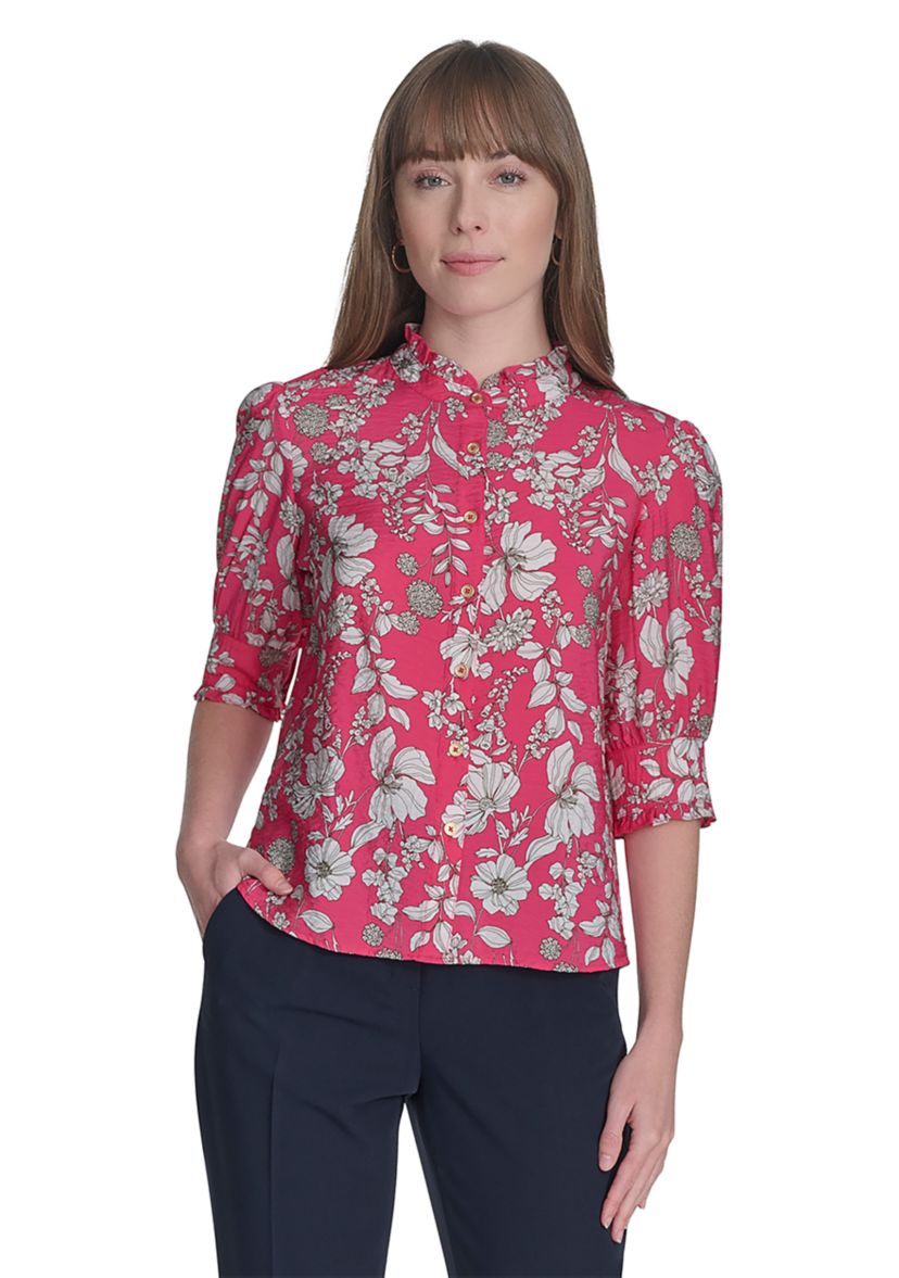 Womens Floral Button Front Puff Sleeve Blouse