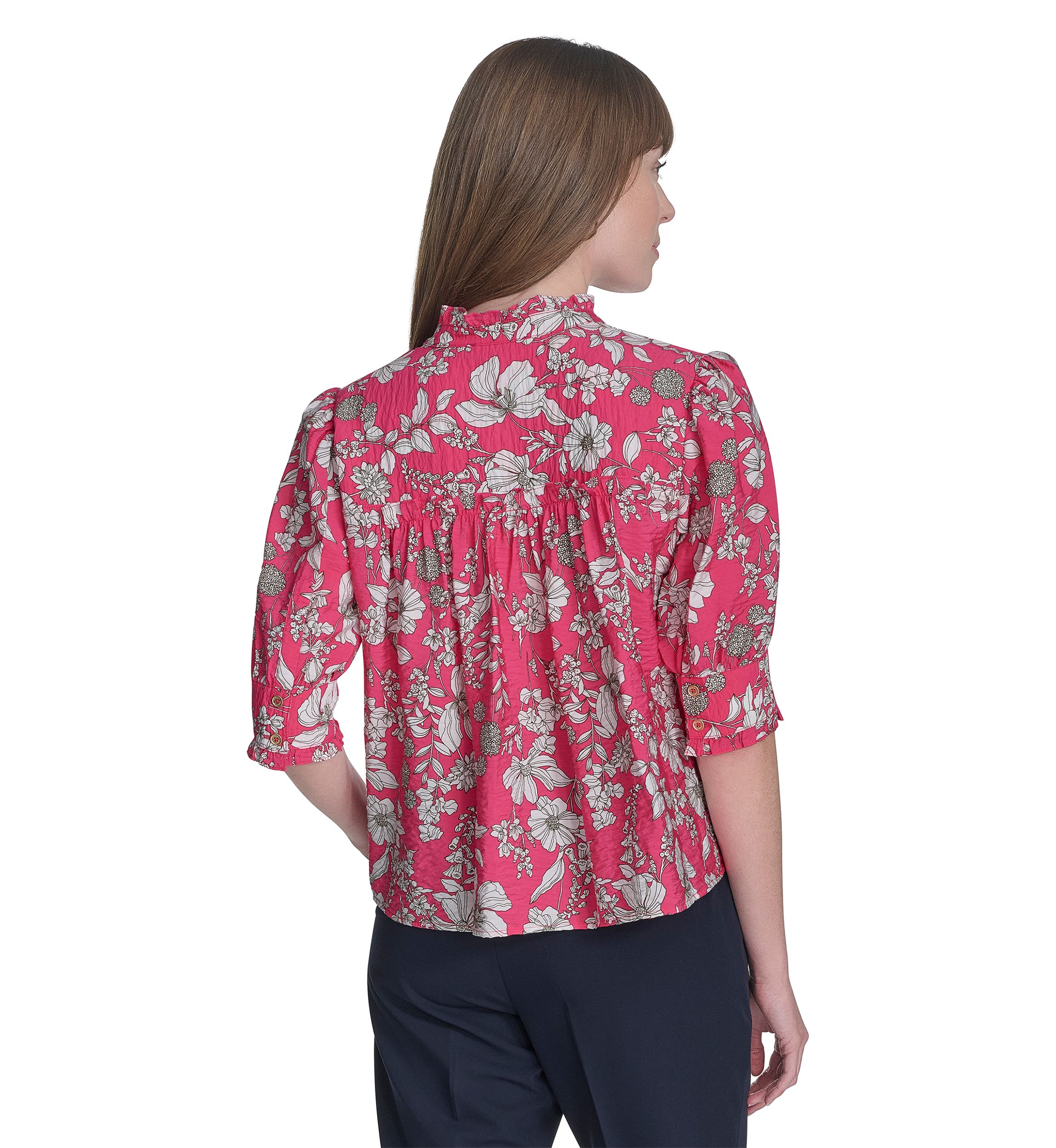 Womens Floral Button Front Puff Sleeve Blouse