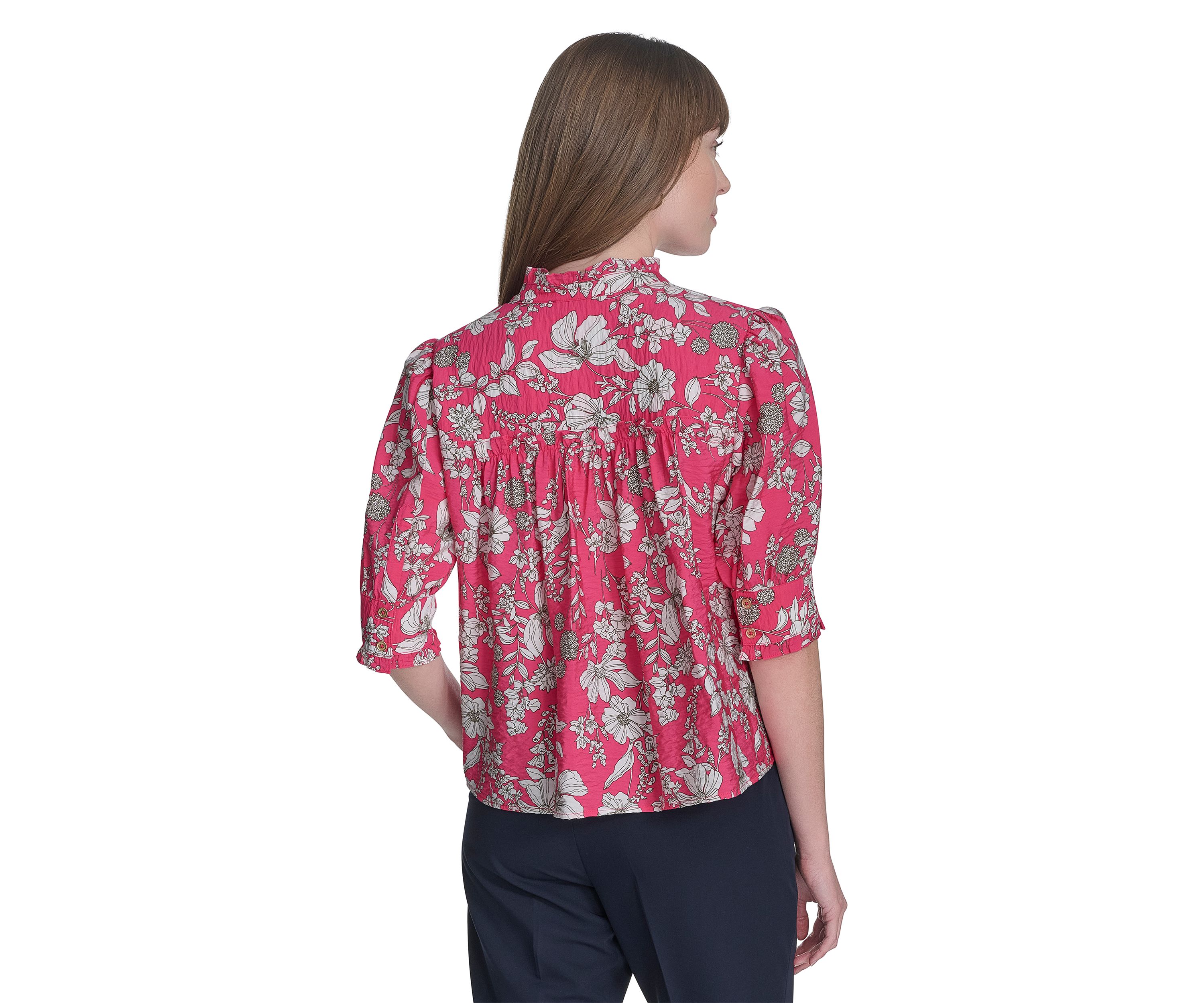 Womens Floral Button Front Puff Sleeve Blouse