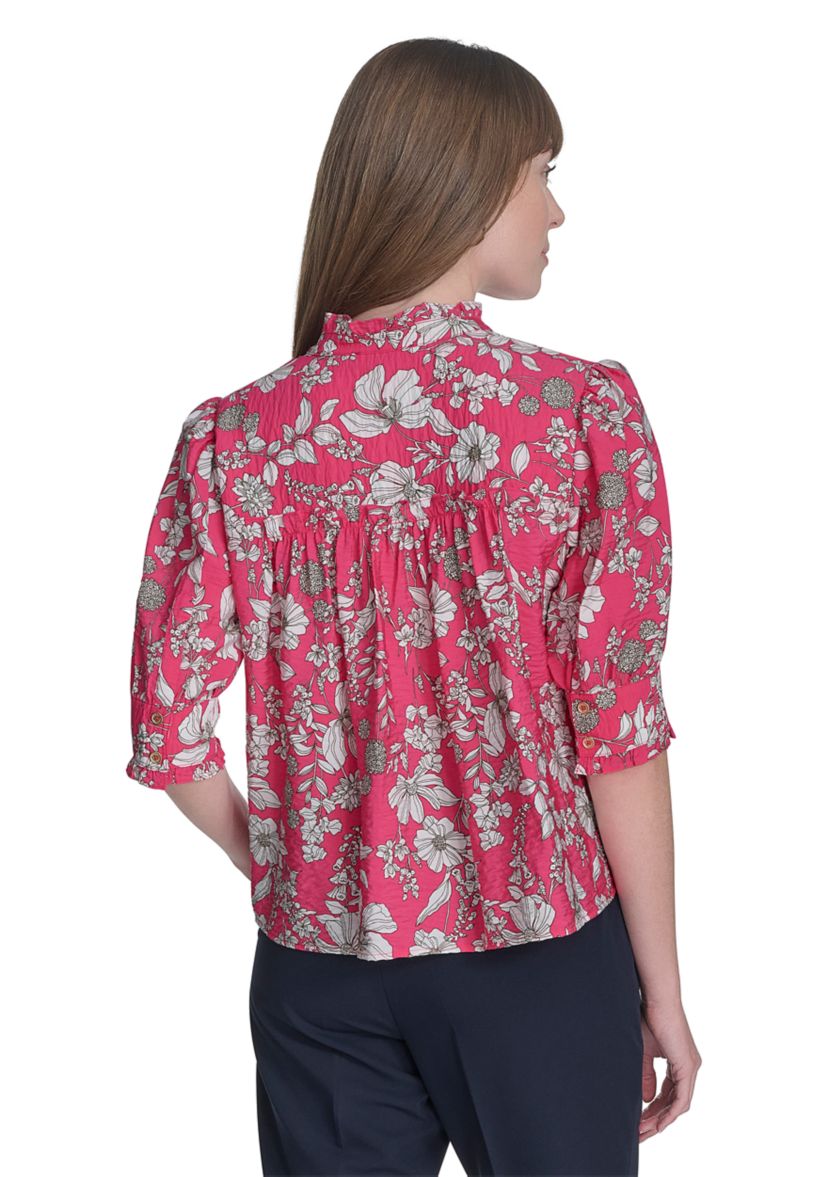 Womens Floral Button Front Puff Sleeve Blouse