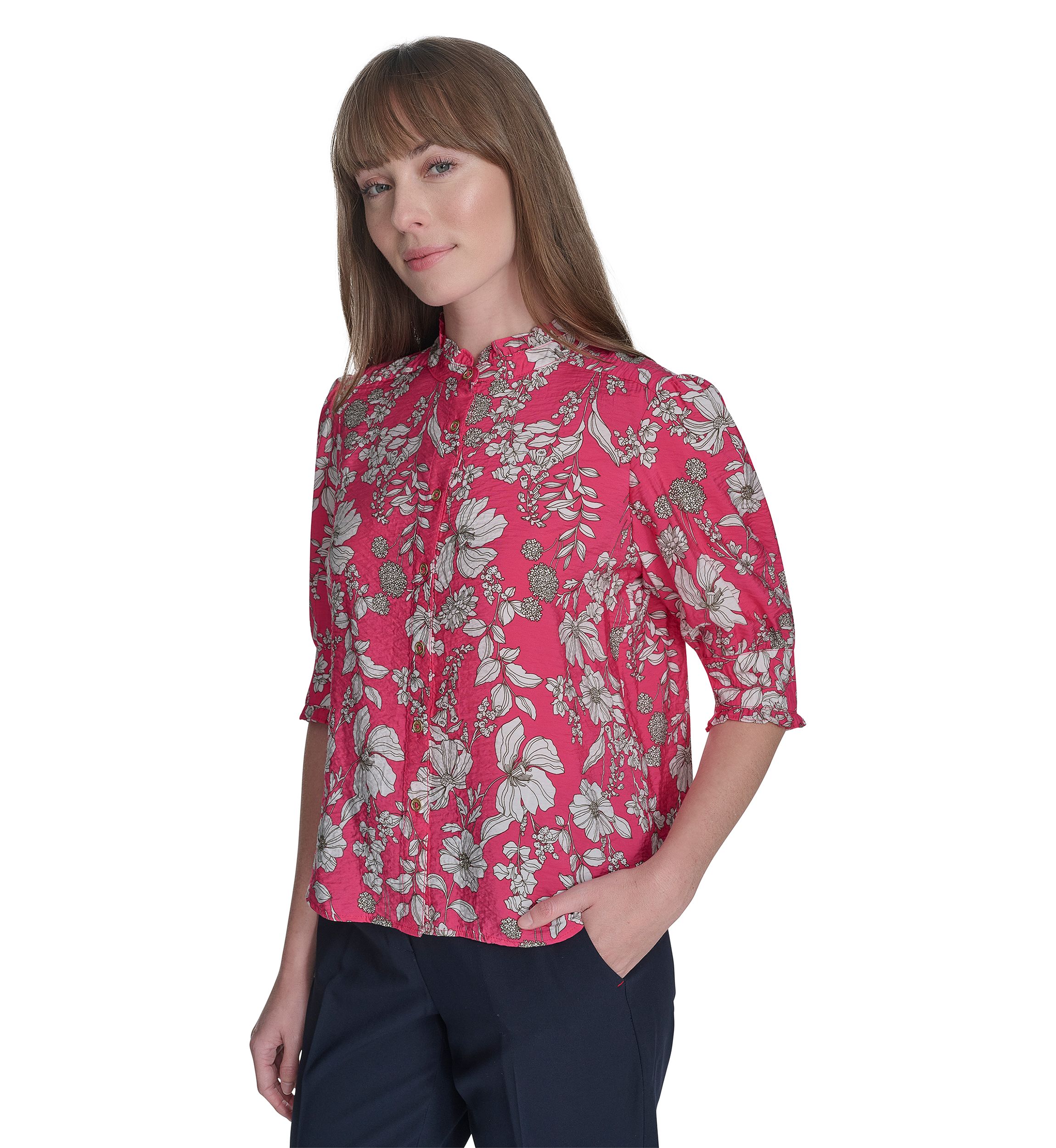 Womens Floral Button Front Puff Sleeve Blouse