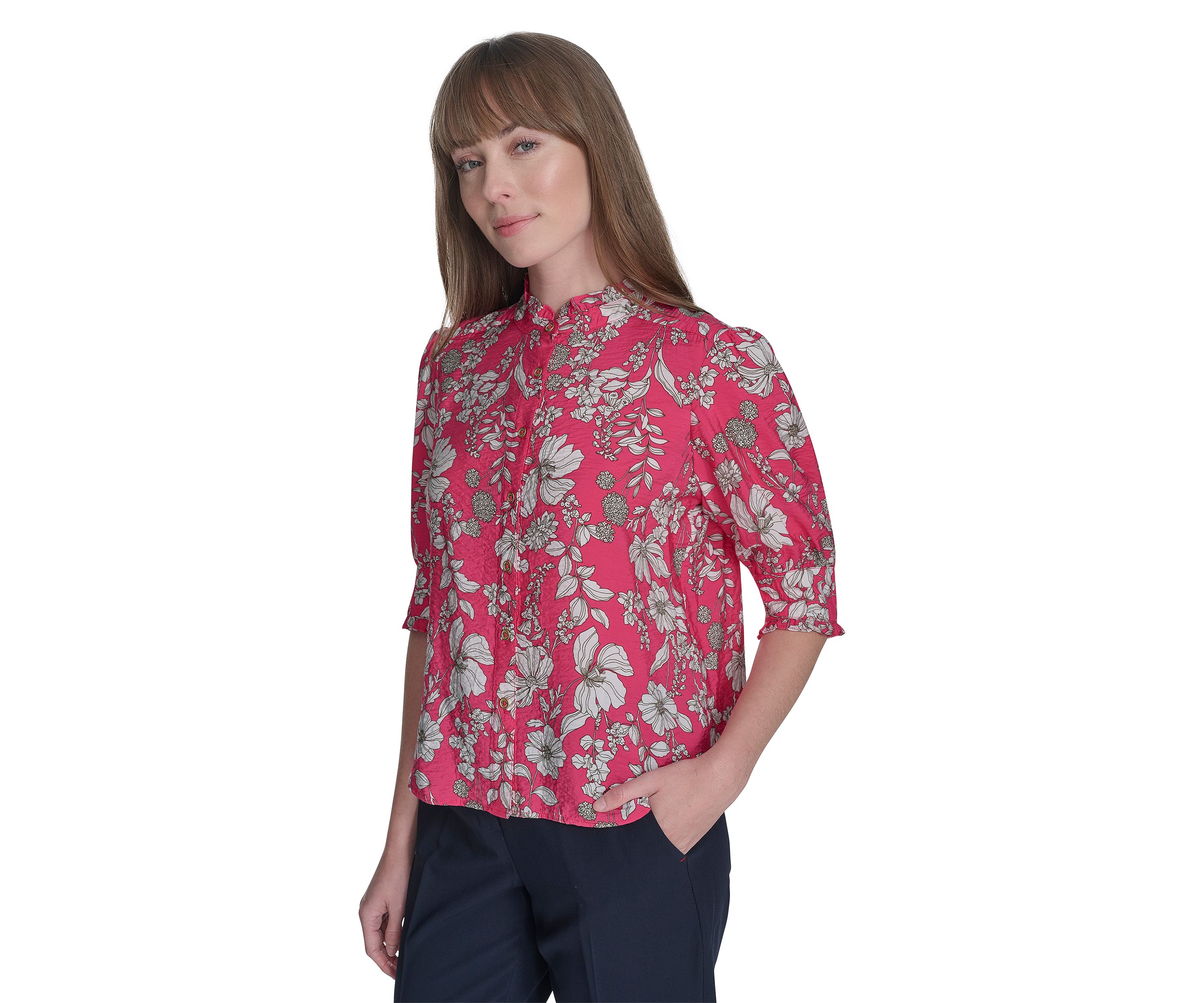 Womens Floral Button Front Puff Sleeve Blouse