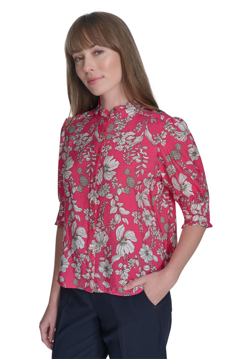 Womens Floral Button Front Puff Sleeve Blouse