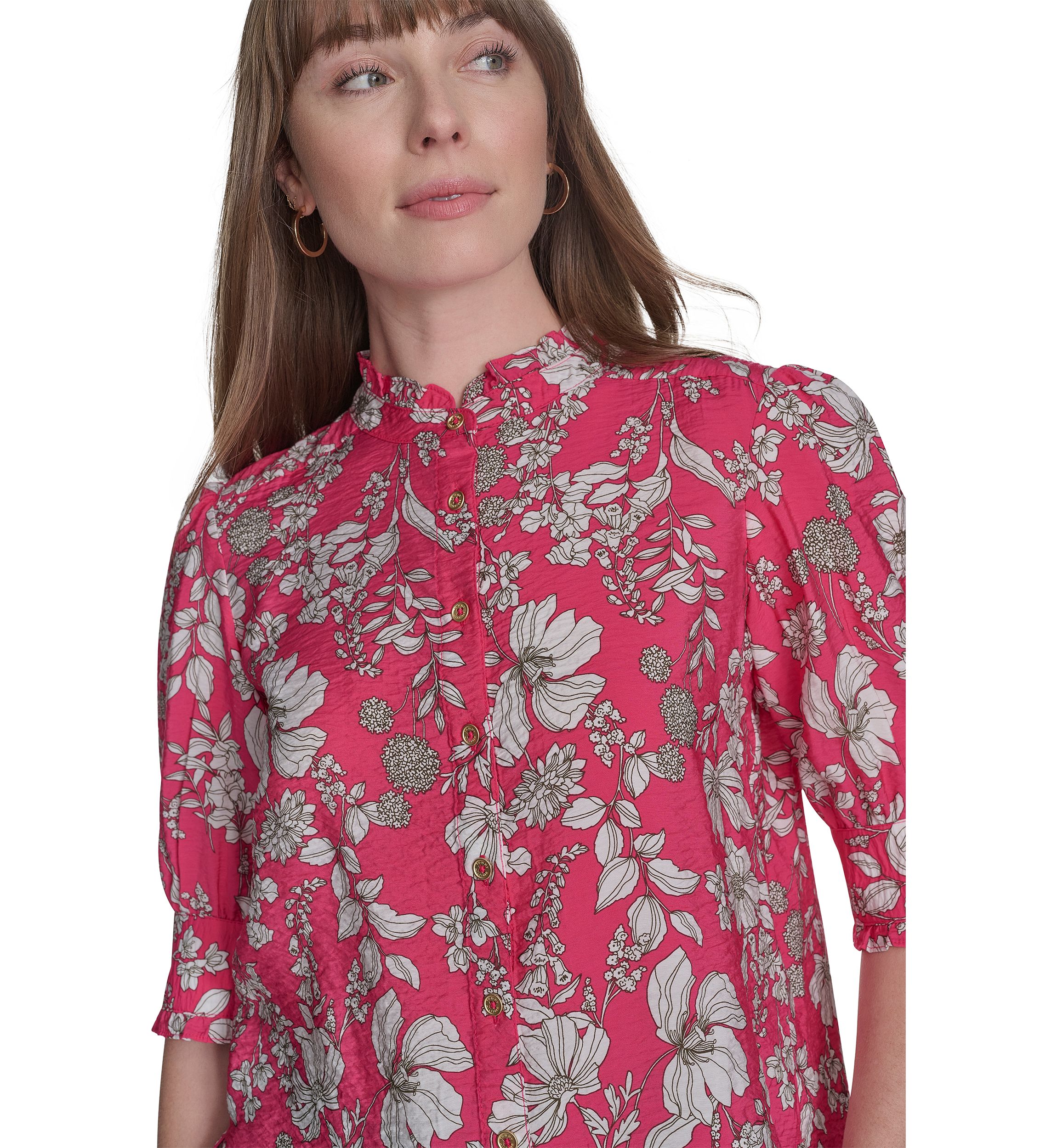 Womens Floral Button Front Puff Sleeve Blouse