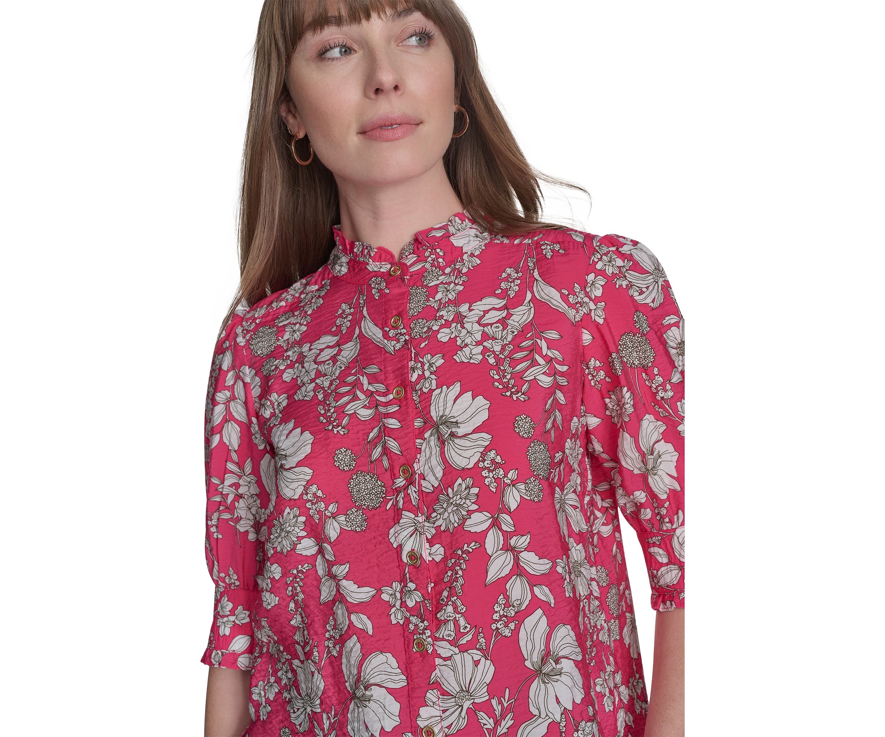 Womens Floral Button Front Puff Sleeve Blouse