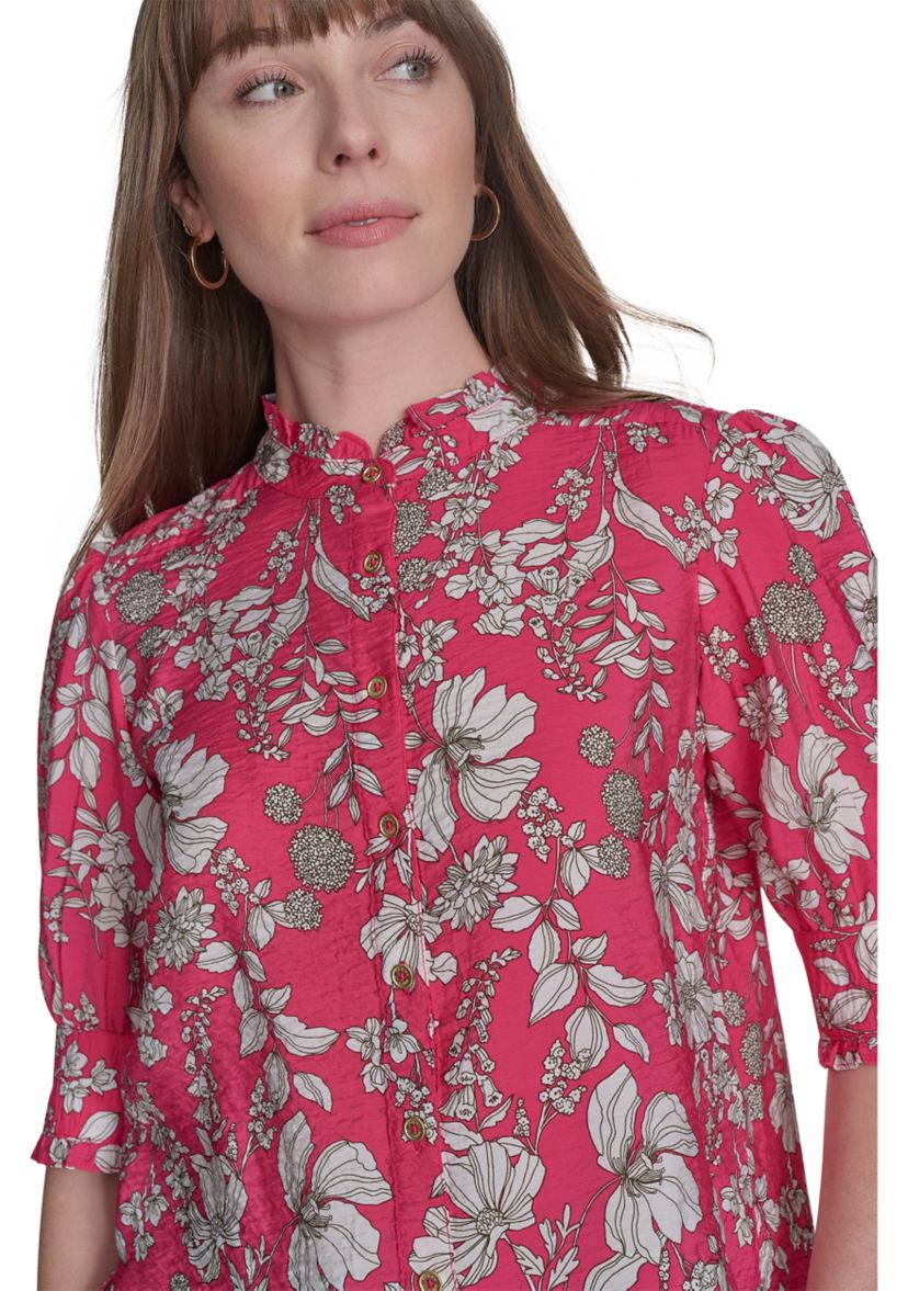 Womens Floral Button Front Puff Sleeve Blouse