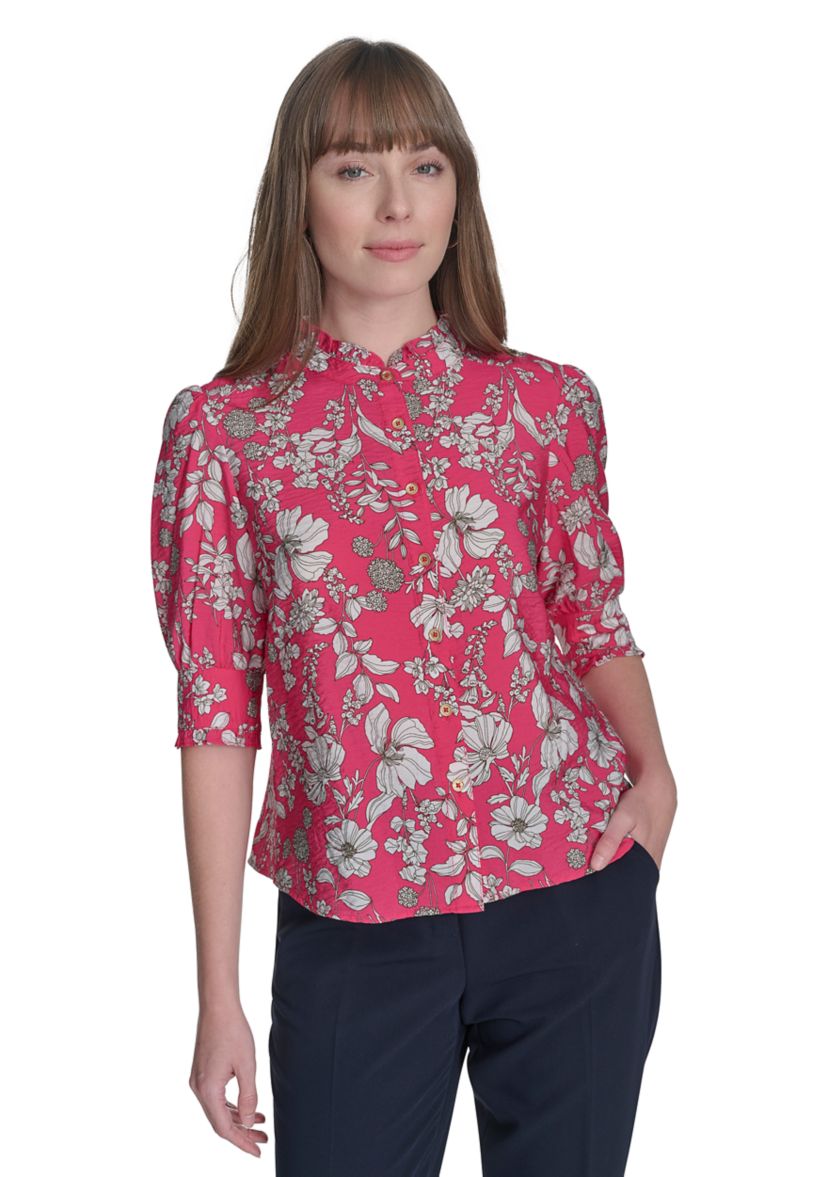 Womens Floral Button Front Puff Sleeve Blouse
