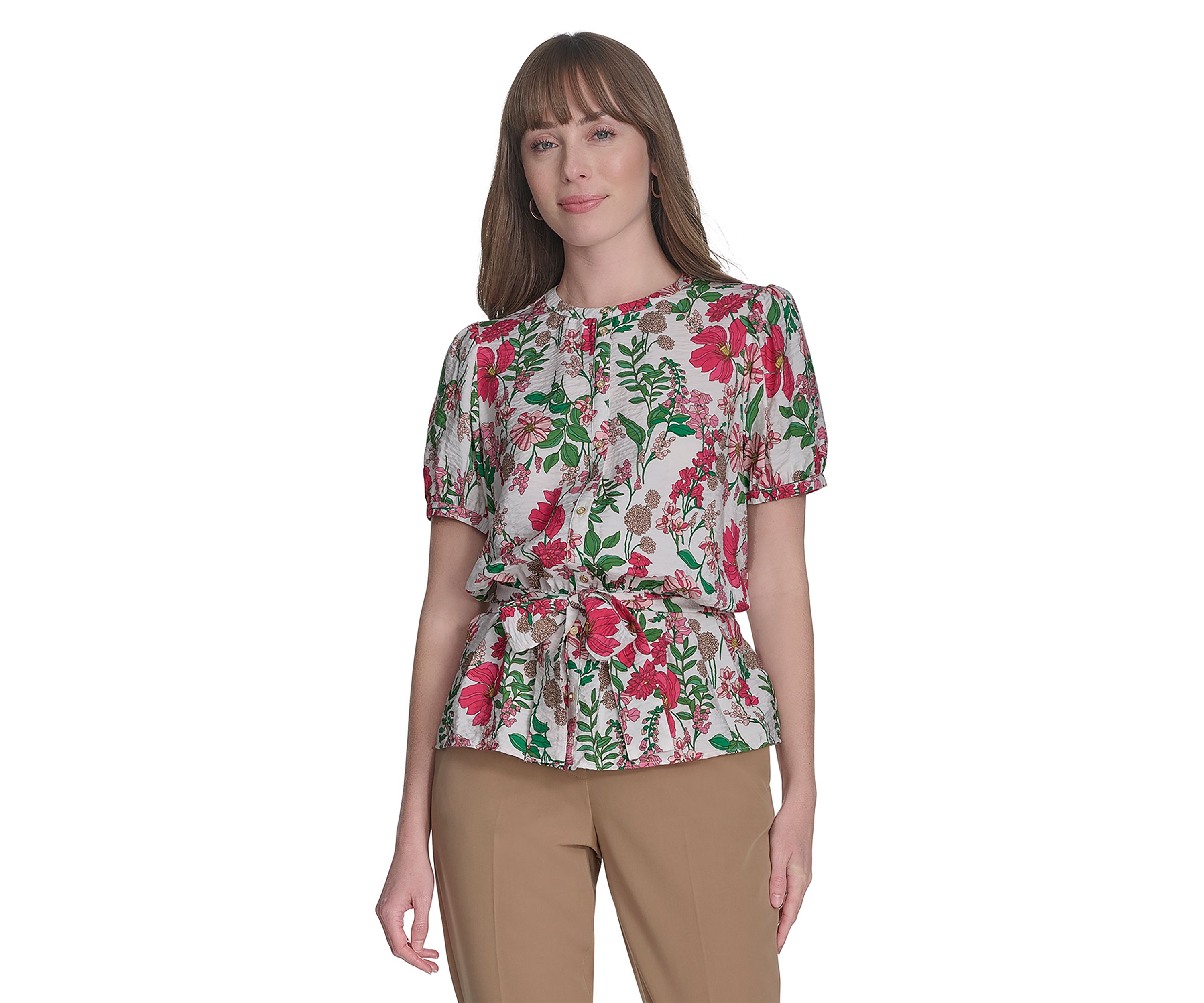 Womens Floral Belted Blouse