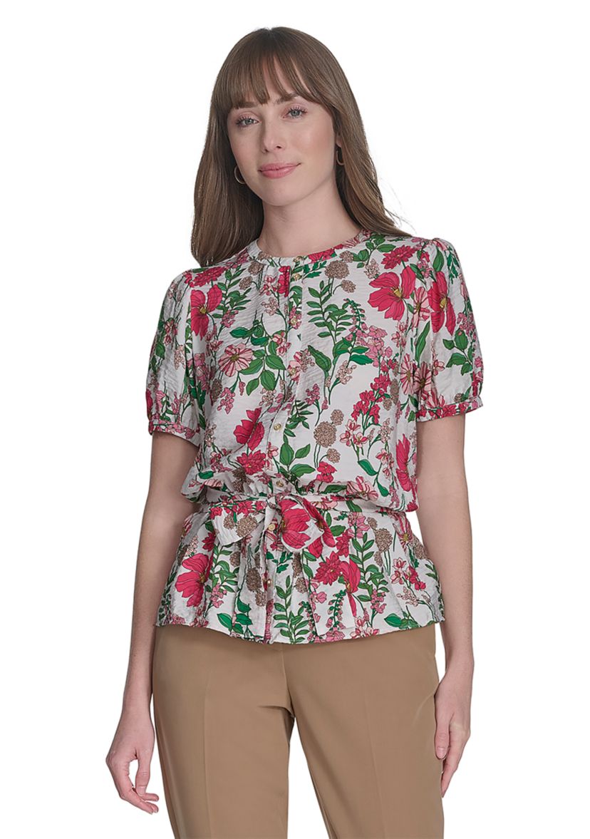 Womens Floral Belted Blouse