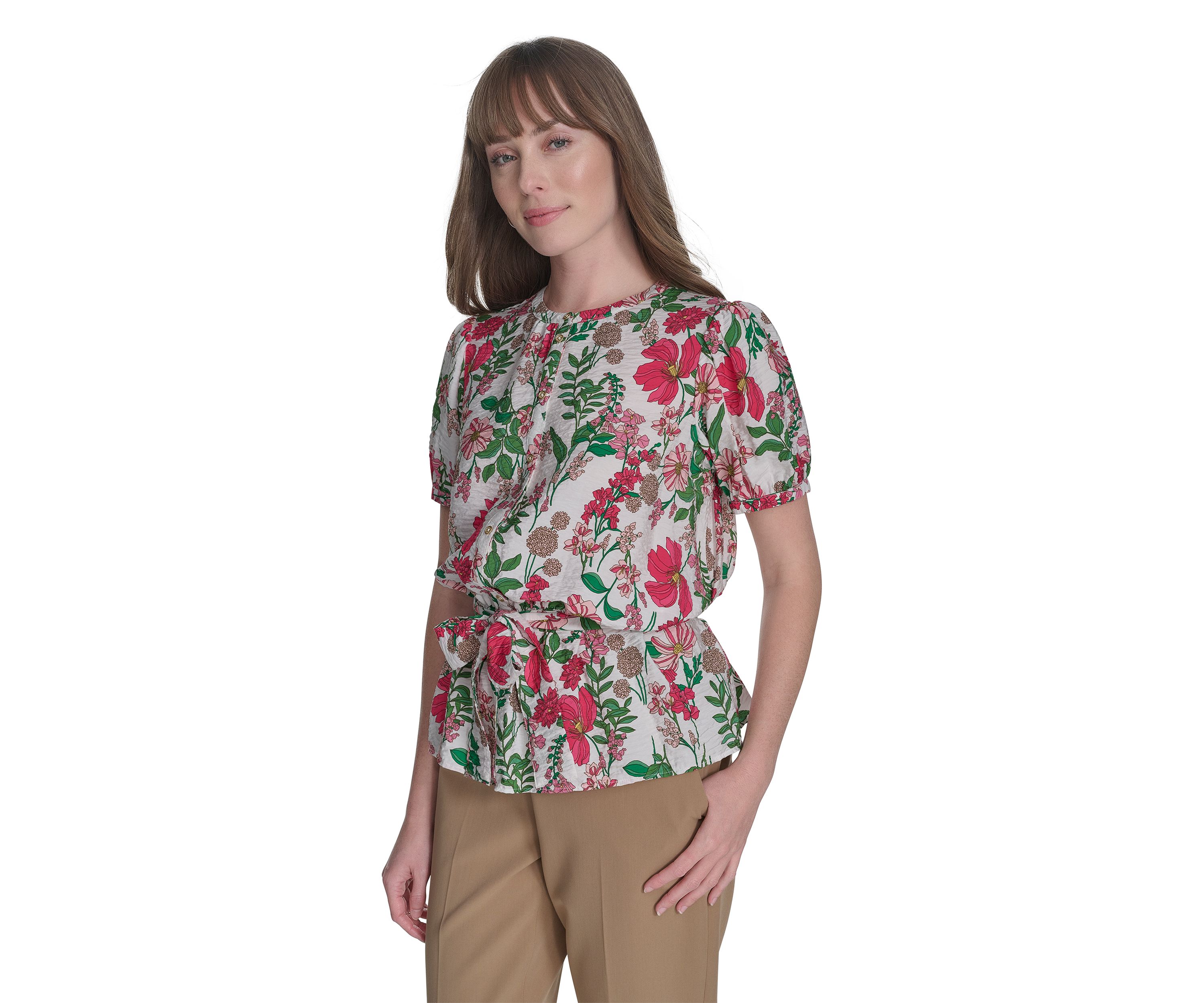 Womens Floral Belted Blouse