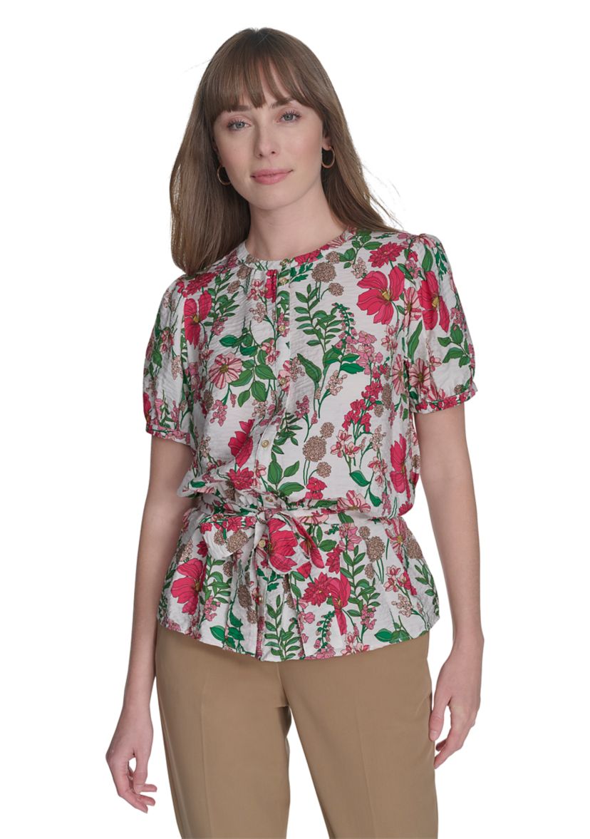 Womens Floral Belted Blouse