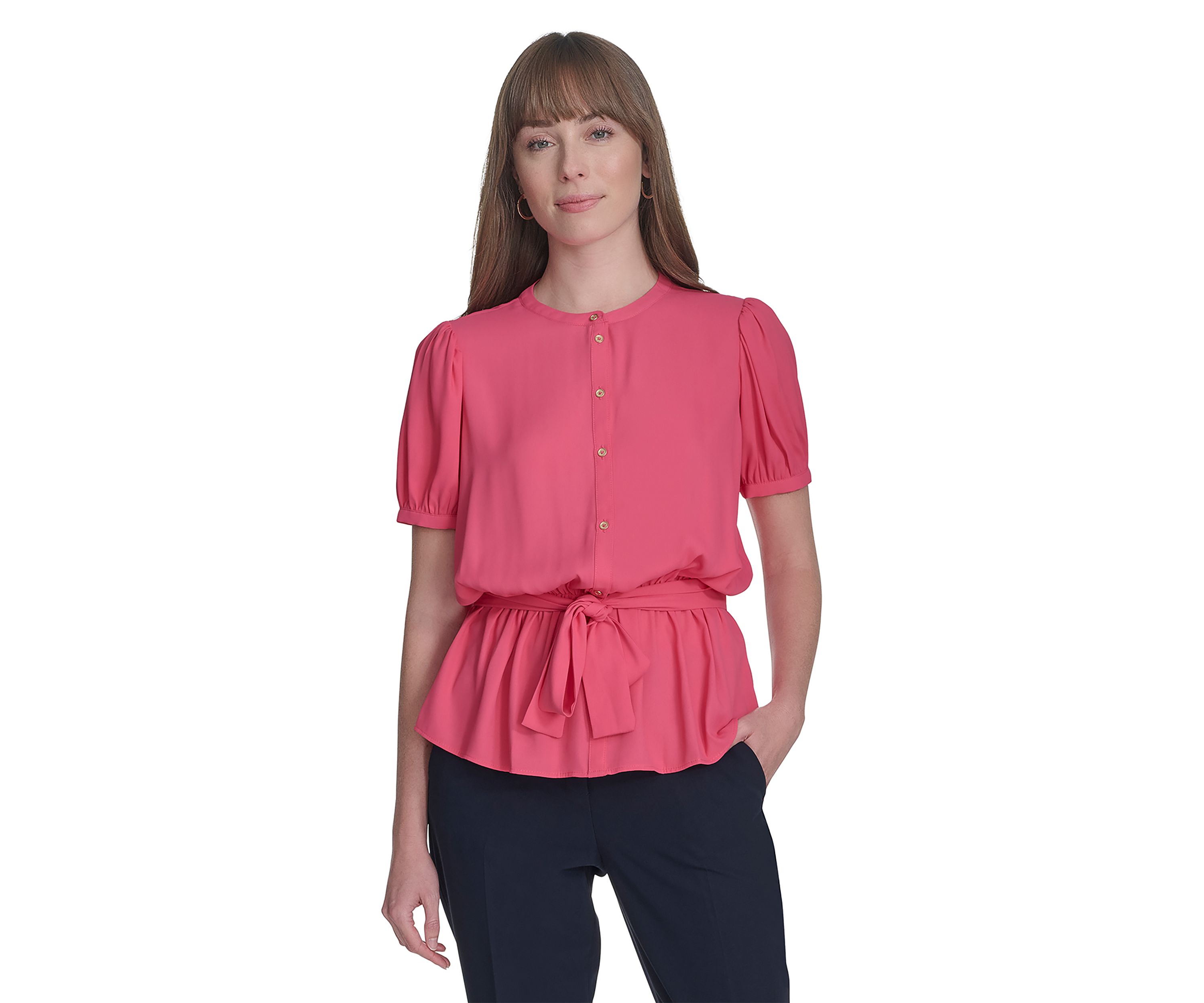 Womens Solid Belted Blouse
