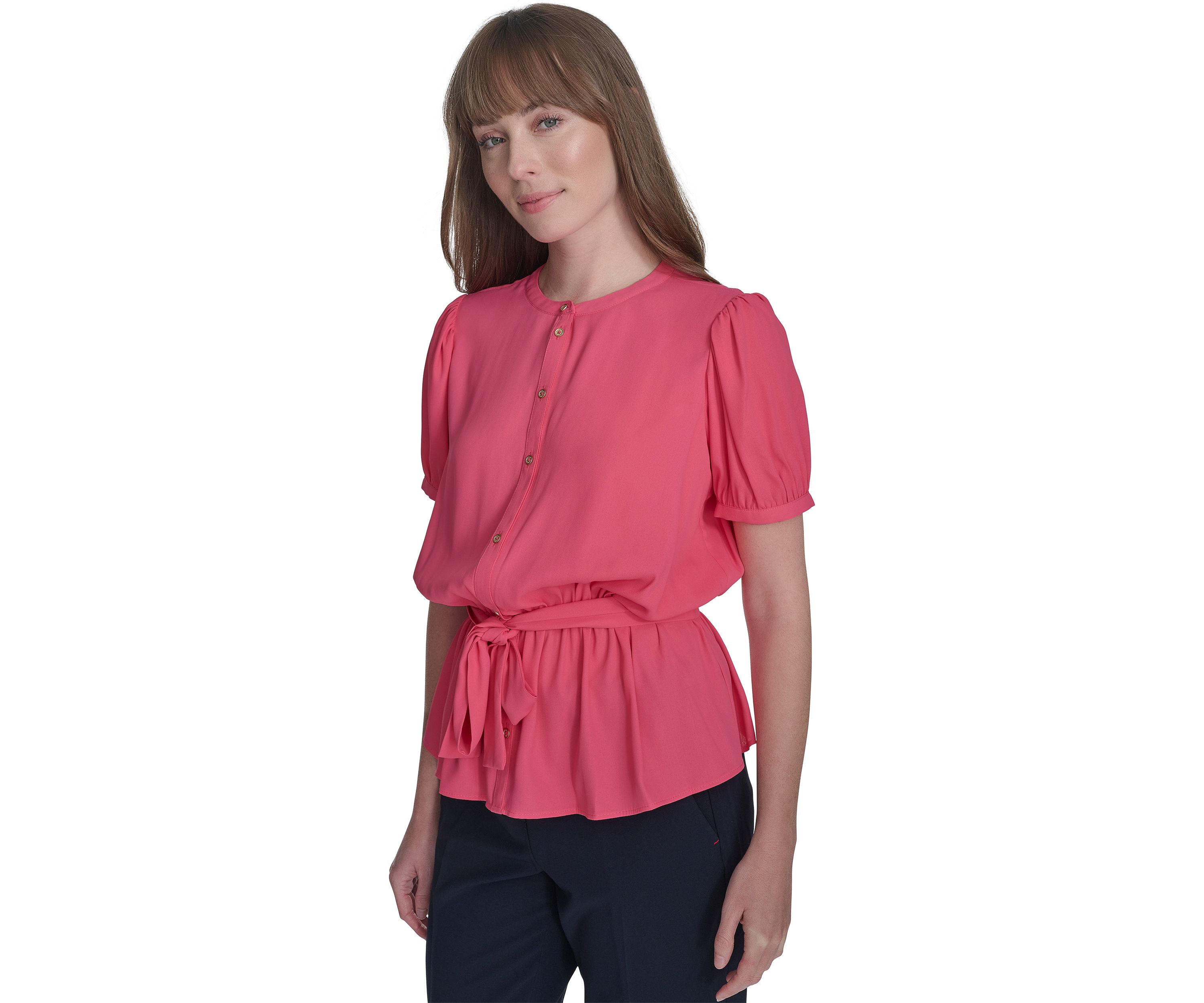 Womens Solid Belted Blouse
