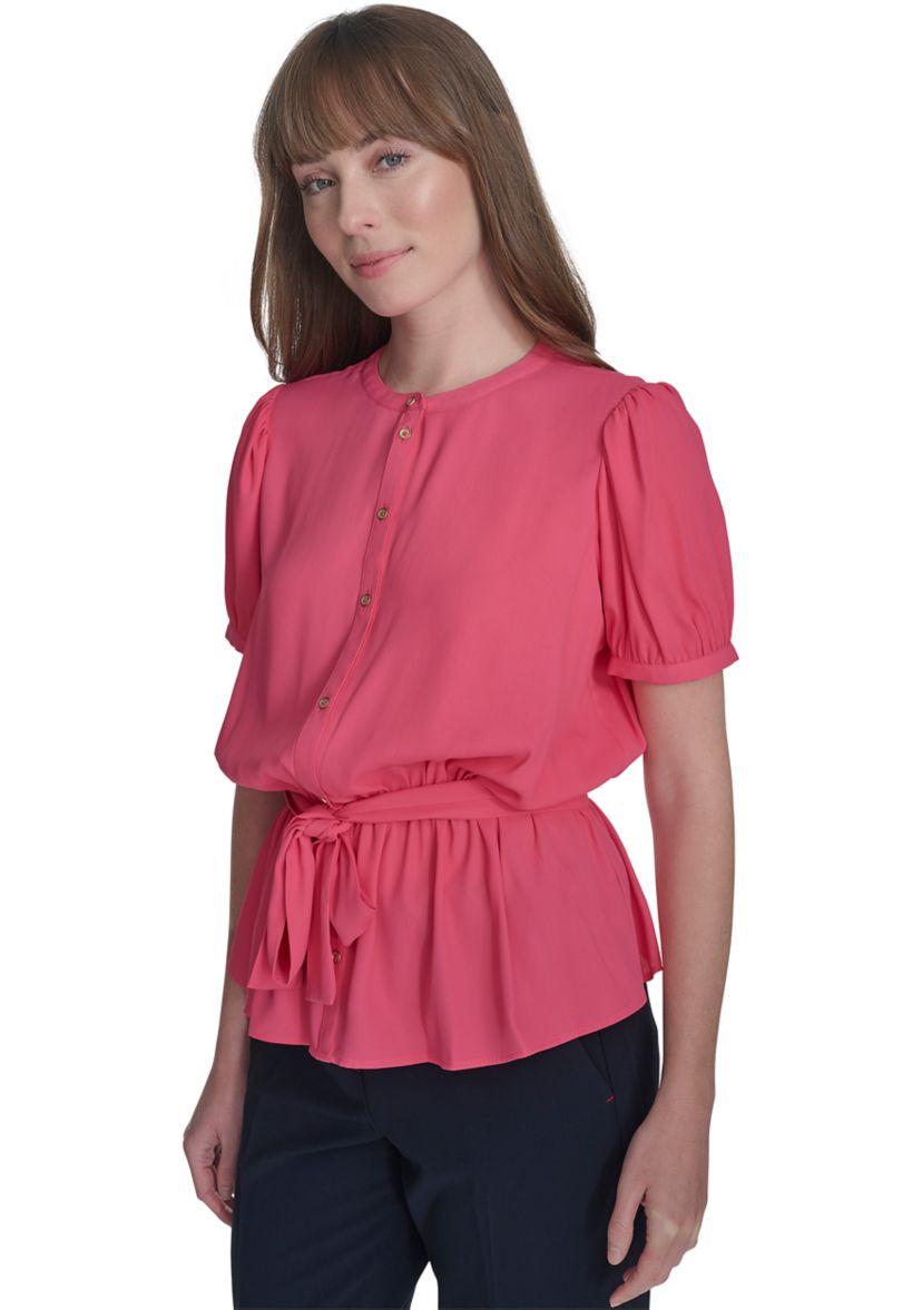 Womens Solid Belted Blouse
