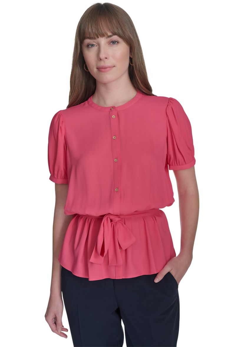 Womens Solid Belted Blouse
